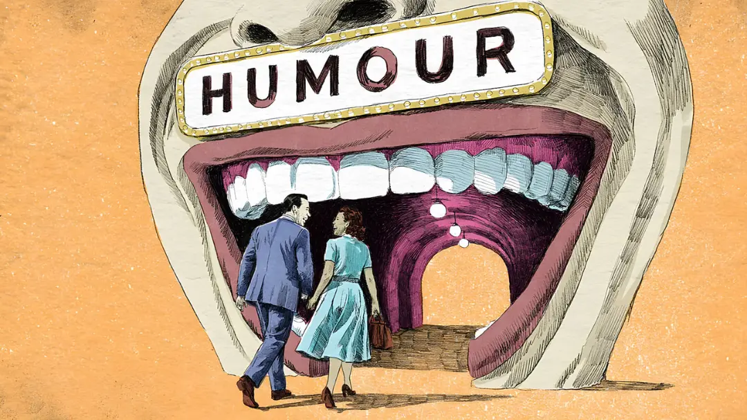 یک زوج در حال قدم زدن به سمت دهانی بزرگ با تابلوی HUMOUR
