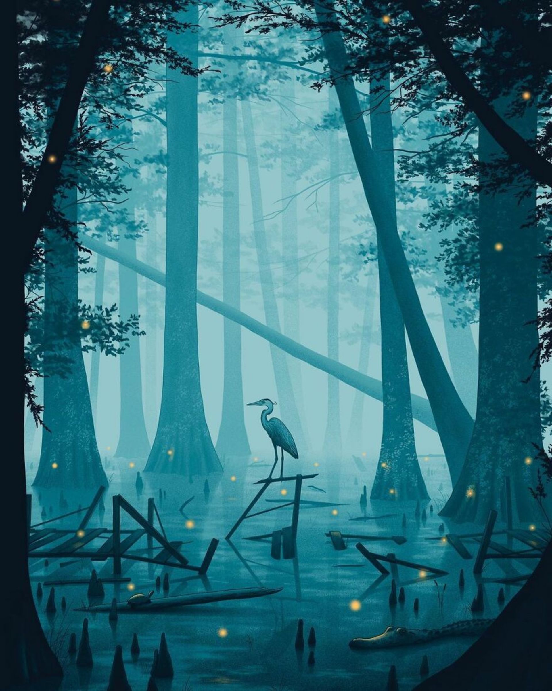 لک‌لک روی چوب میان آب در جنگل شب