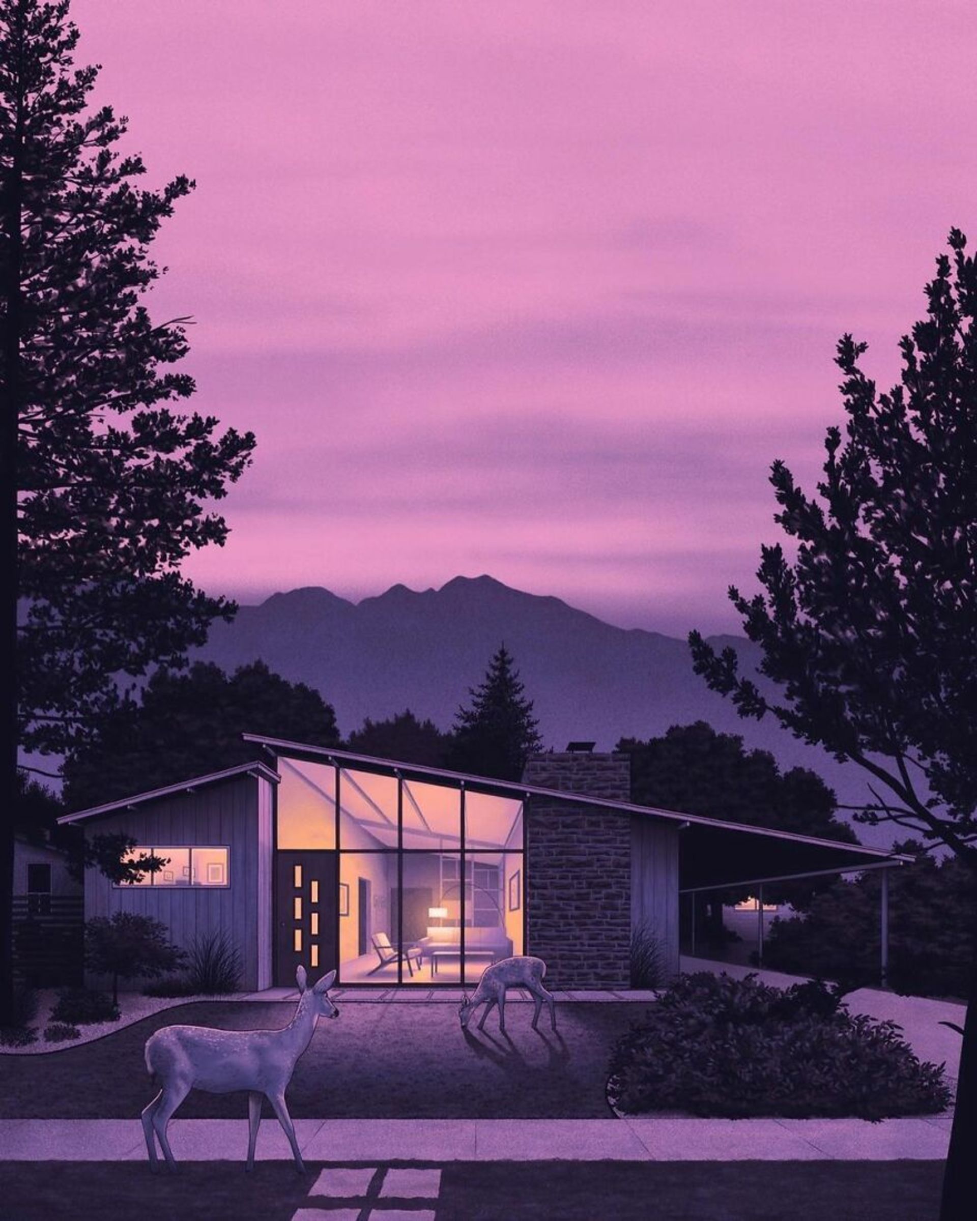 دو گوزن مقابل ساختمانی در شب