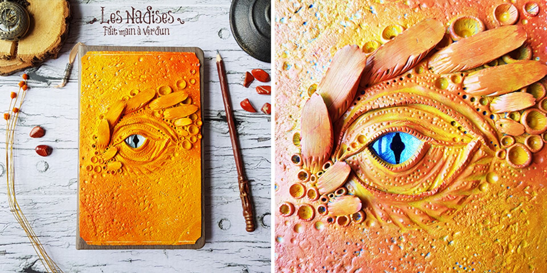 دفتر زردنارنجی با چشم اژدها آبی مداد چوبدستی جادویی