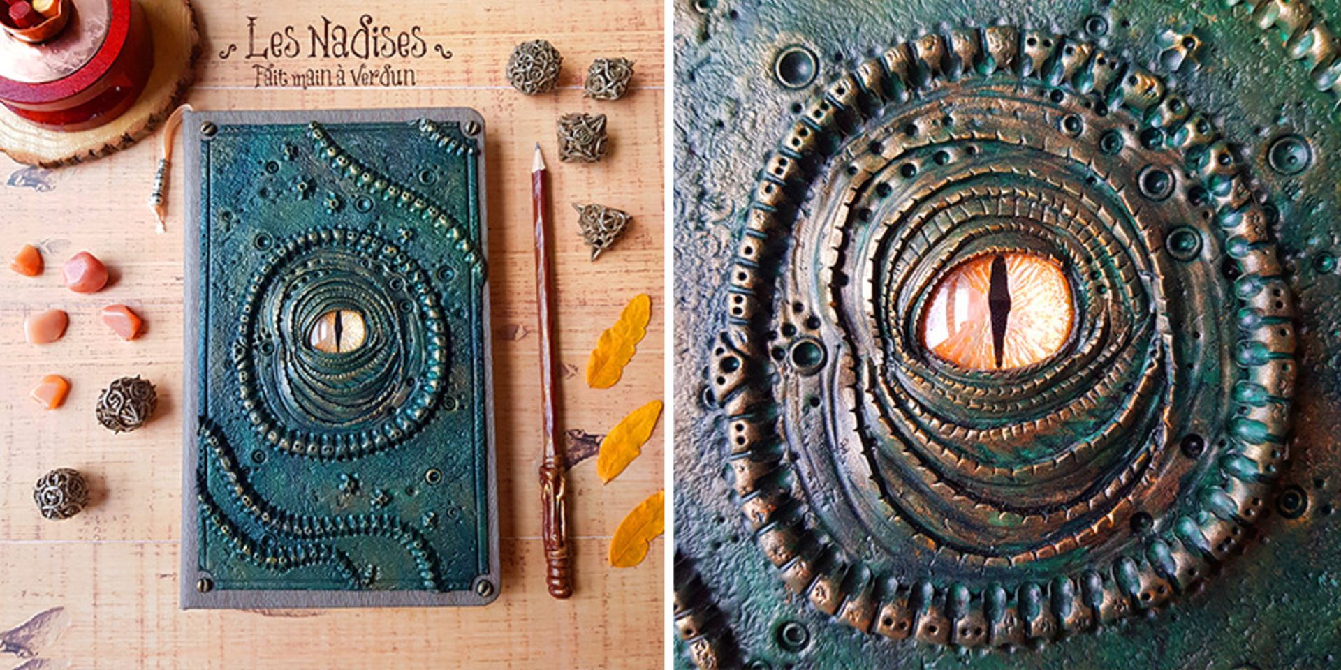 دفتر سبز تیره با چشم اژدها نارنجی مداد چوبدستی جادویی