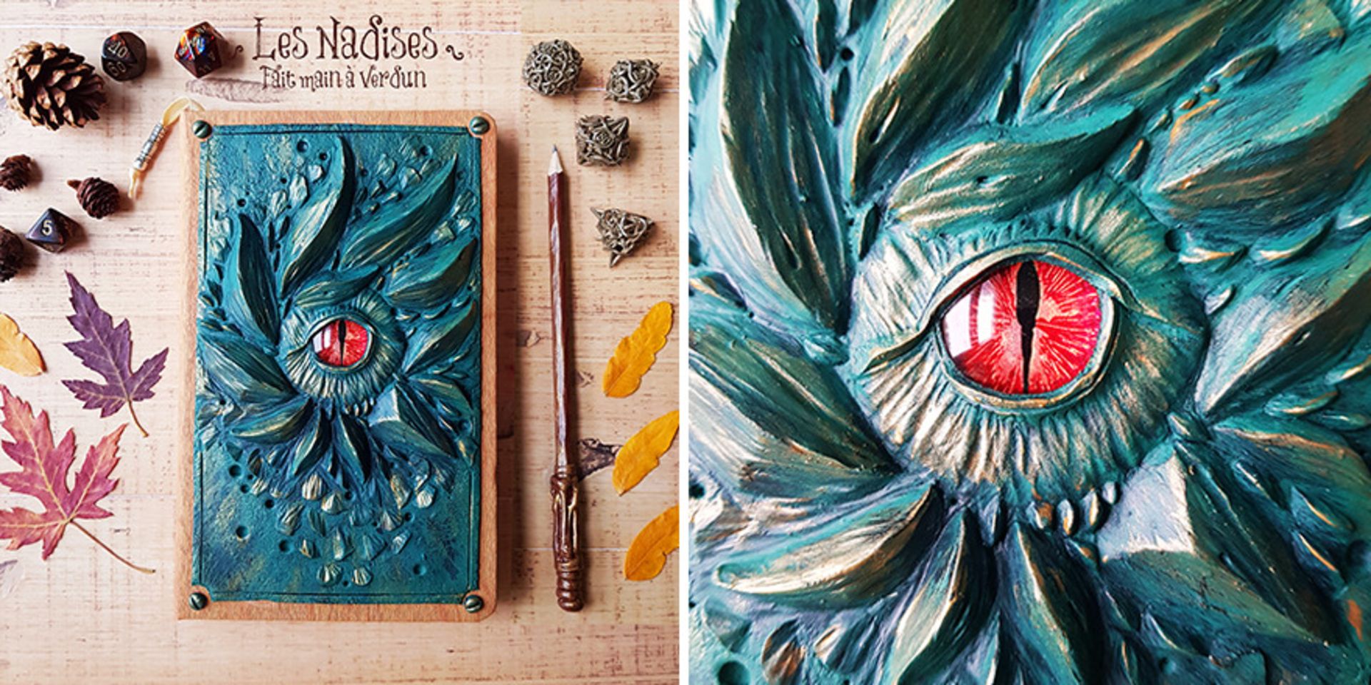 چشم اژدها قرمز با فلس سبز و مداد چوبدستی جادویی