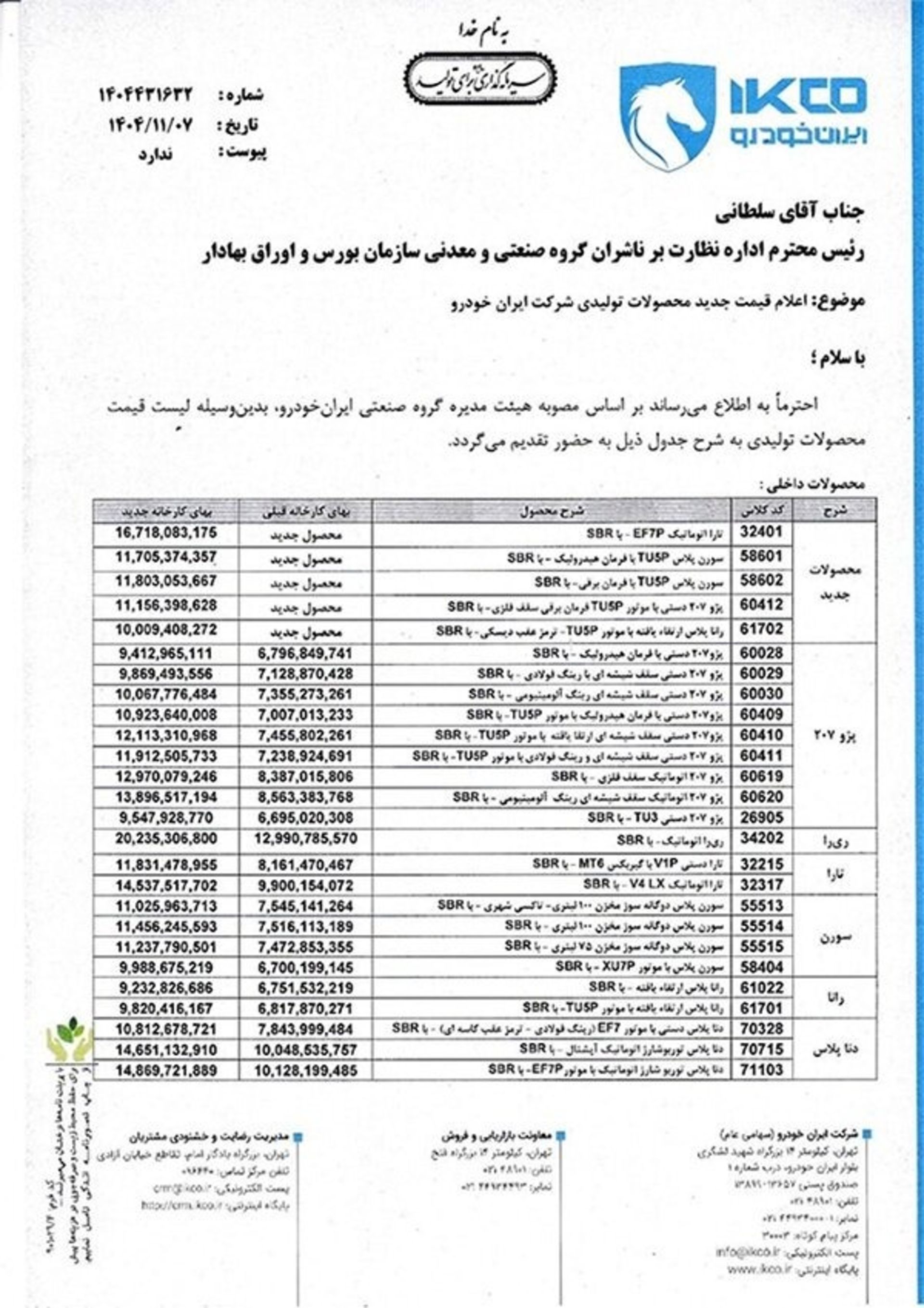 نامه‌ی افزایش قیمت محصولات ایران‌خودرو