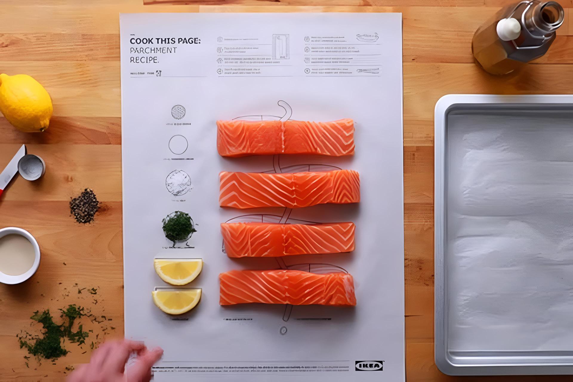 کاغذ روغنی دستورپخت با سالمون و سبزیجات از نمای بالا