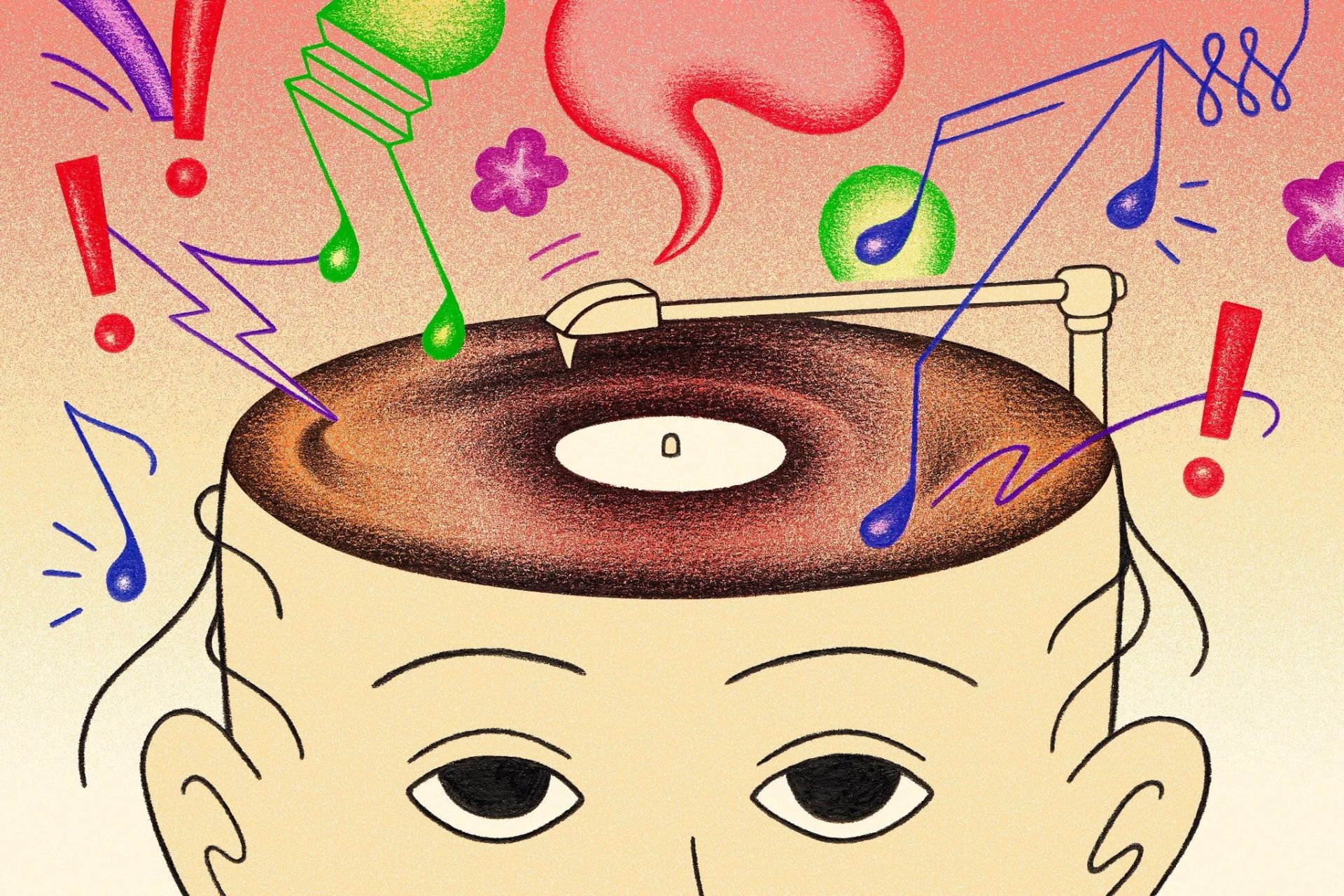 تصویرسازی از شخصی که آهنگ روی سرش نواخته و اشکال رنگی و نت‌های موسیقی به بیرون ساطع می‌شود