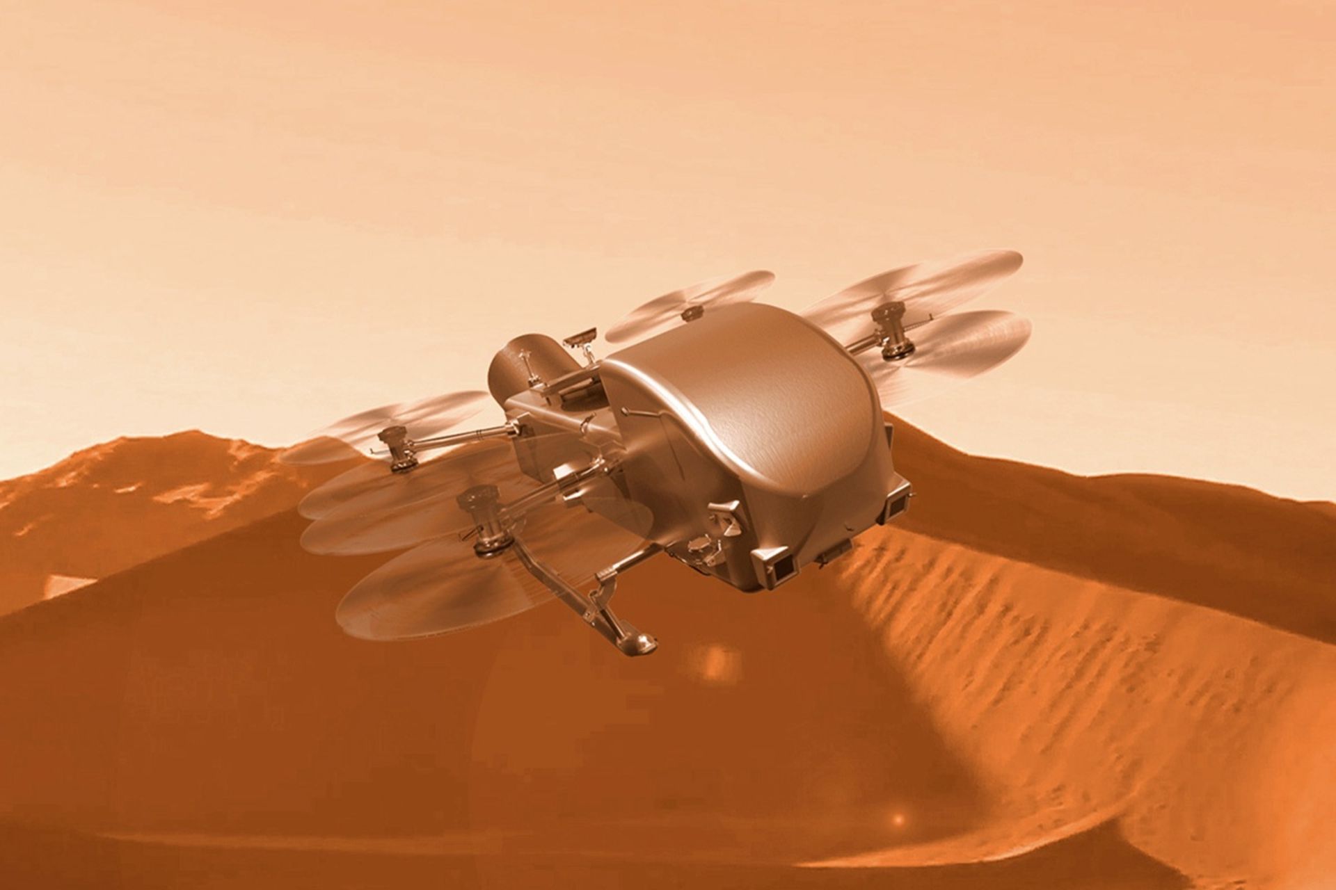 تصویرسازی از کاوشگر دراگون‌فلای ناسا درحال پرواز برفراز تپه‌های تیتان