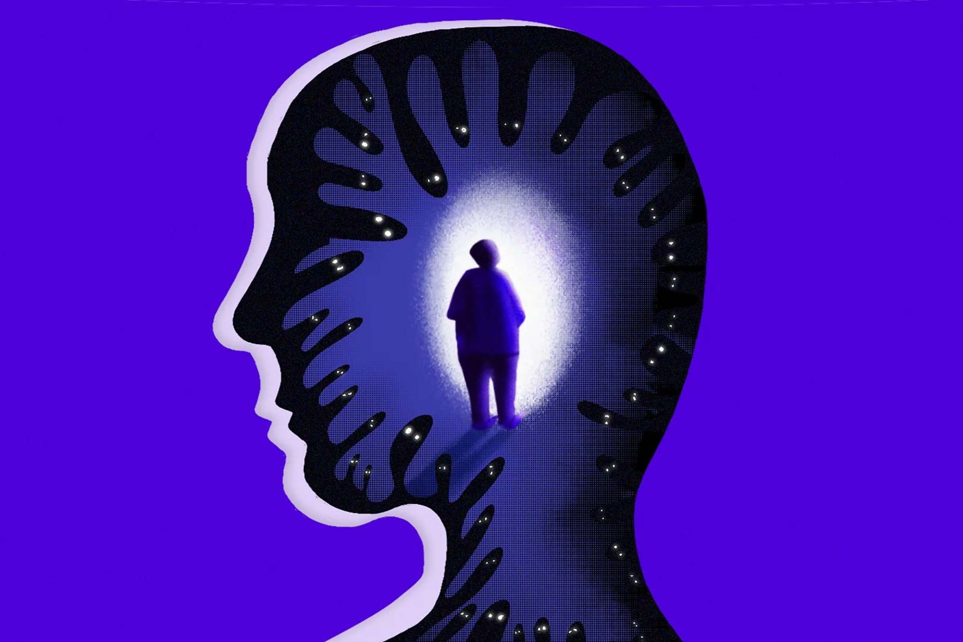 تصویرسازی از مردی که درون سر مردی دیگر به منبع نور نگاه می‌کند