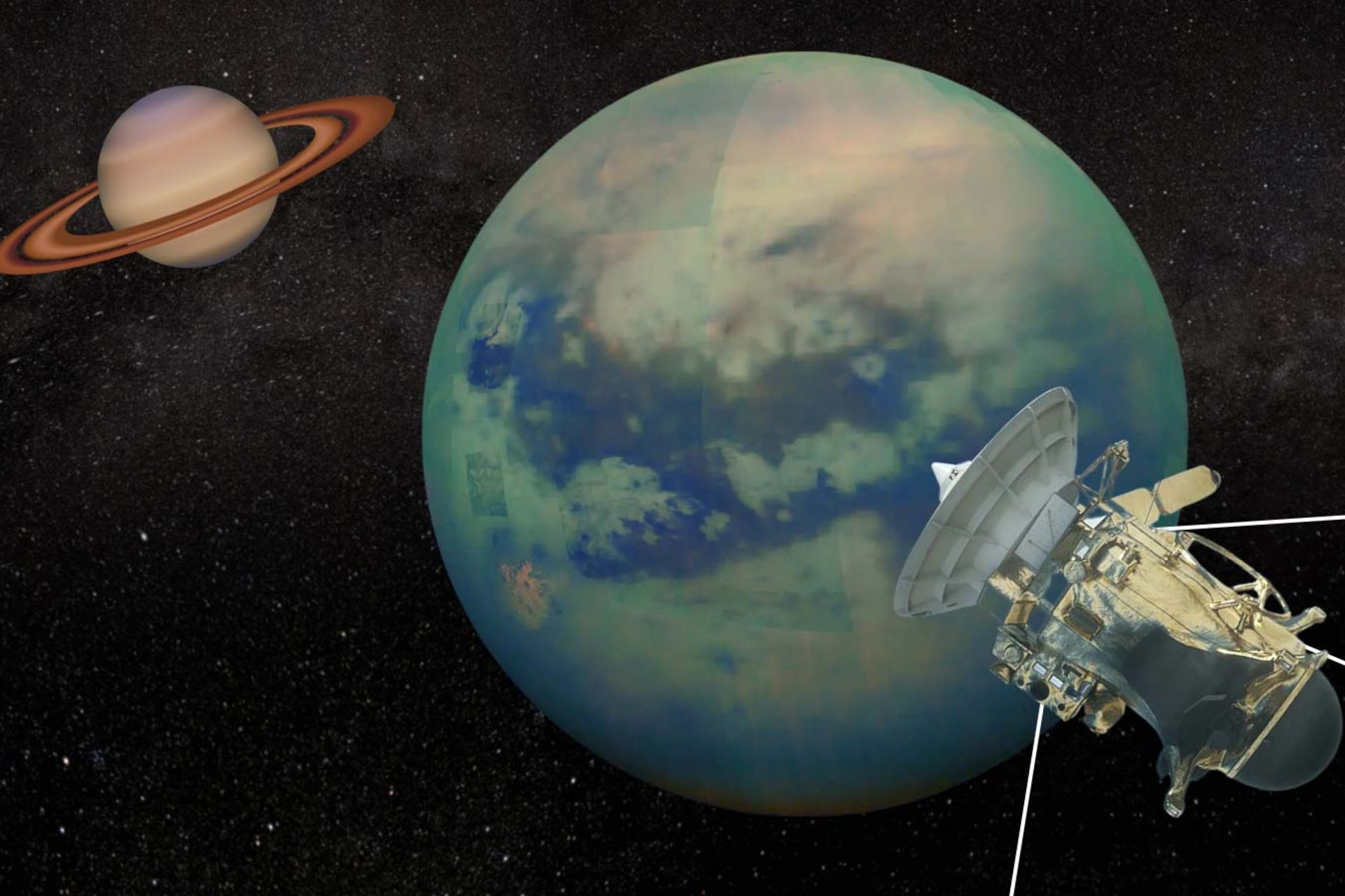تصویرسازی از فضاپیمای کاسینی برفراز تیتان و زحل در پس‌زمینه