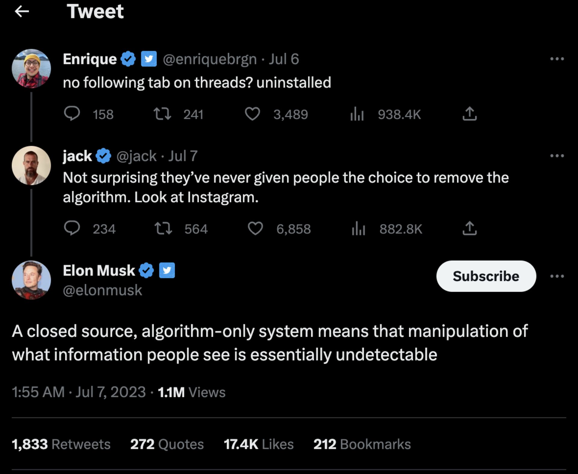 توییت جک دورسی و ایلان ماسک در مورد الگوریتم متا