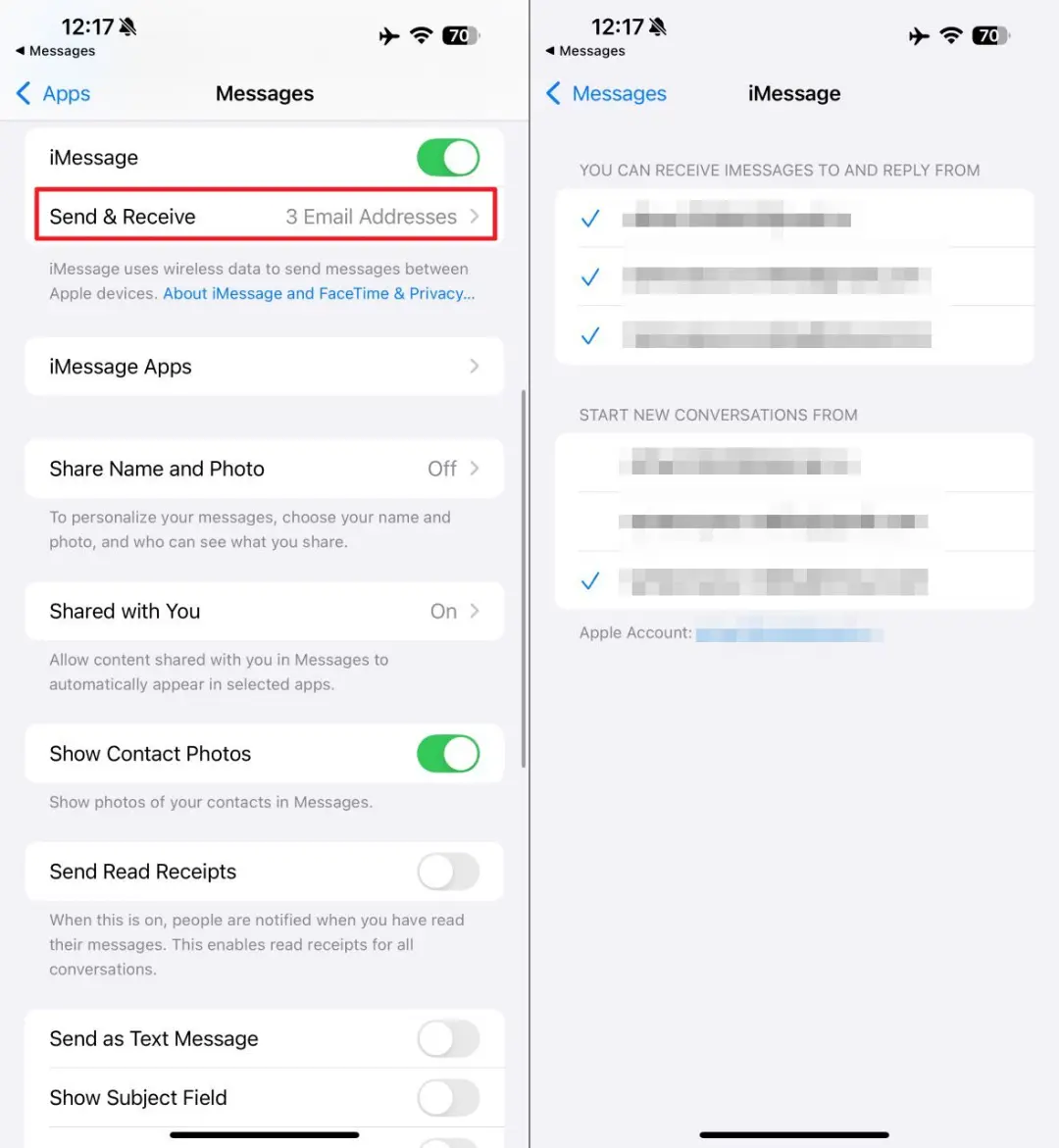 بخش send and receive در تنظیمات Messages در ios