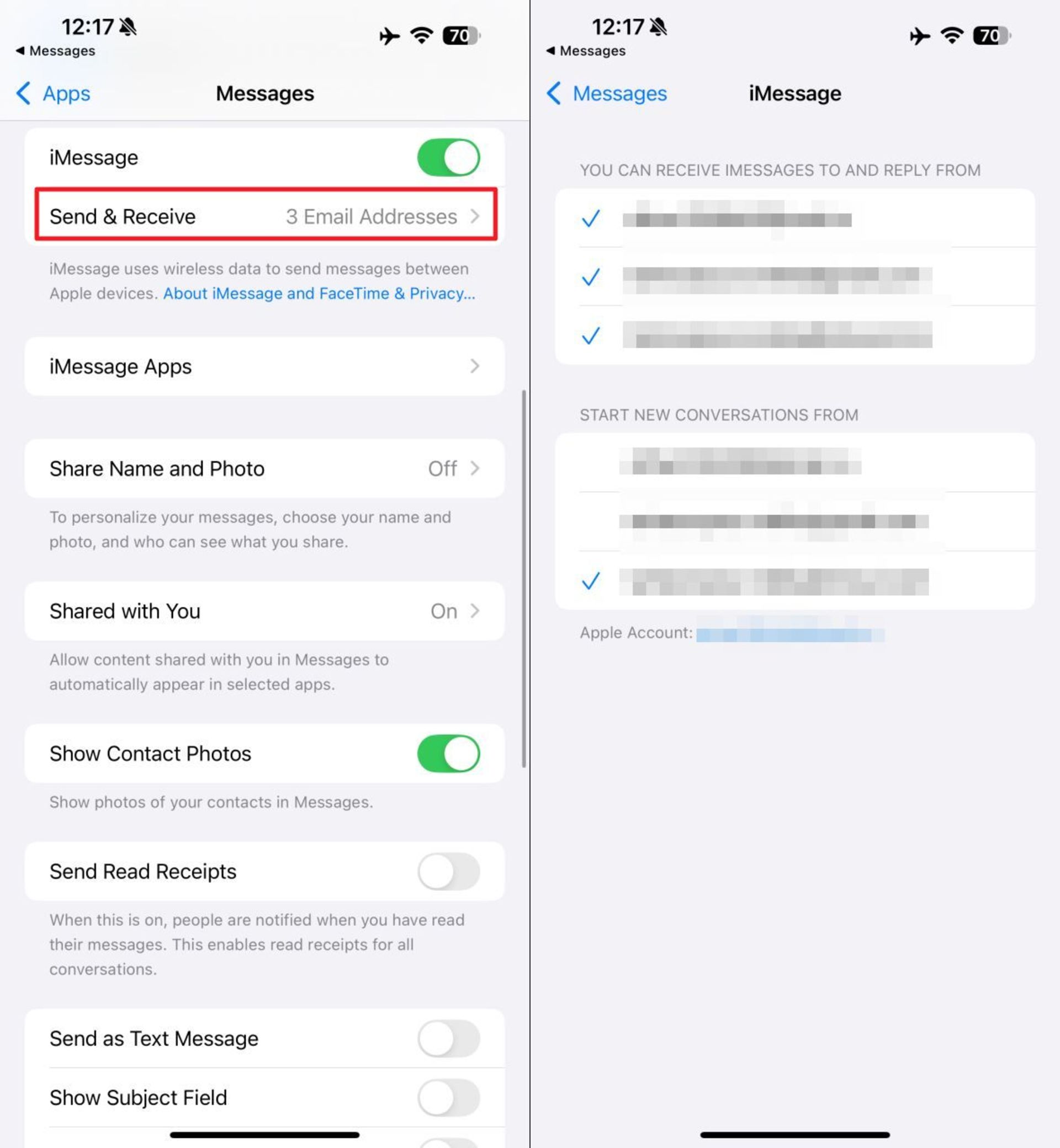 بخش send and receive در تنظیمات Messages در ios