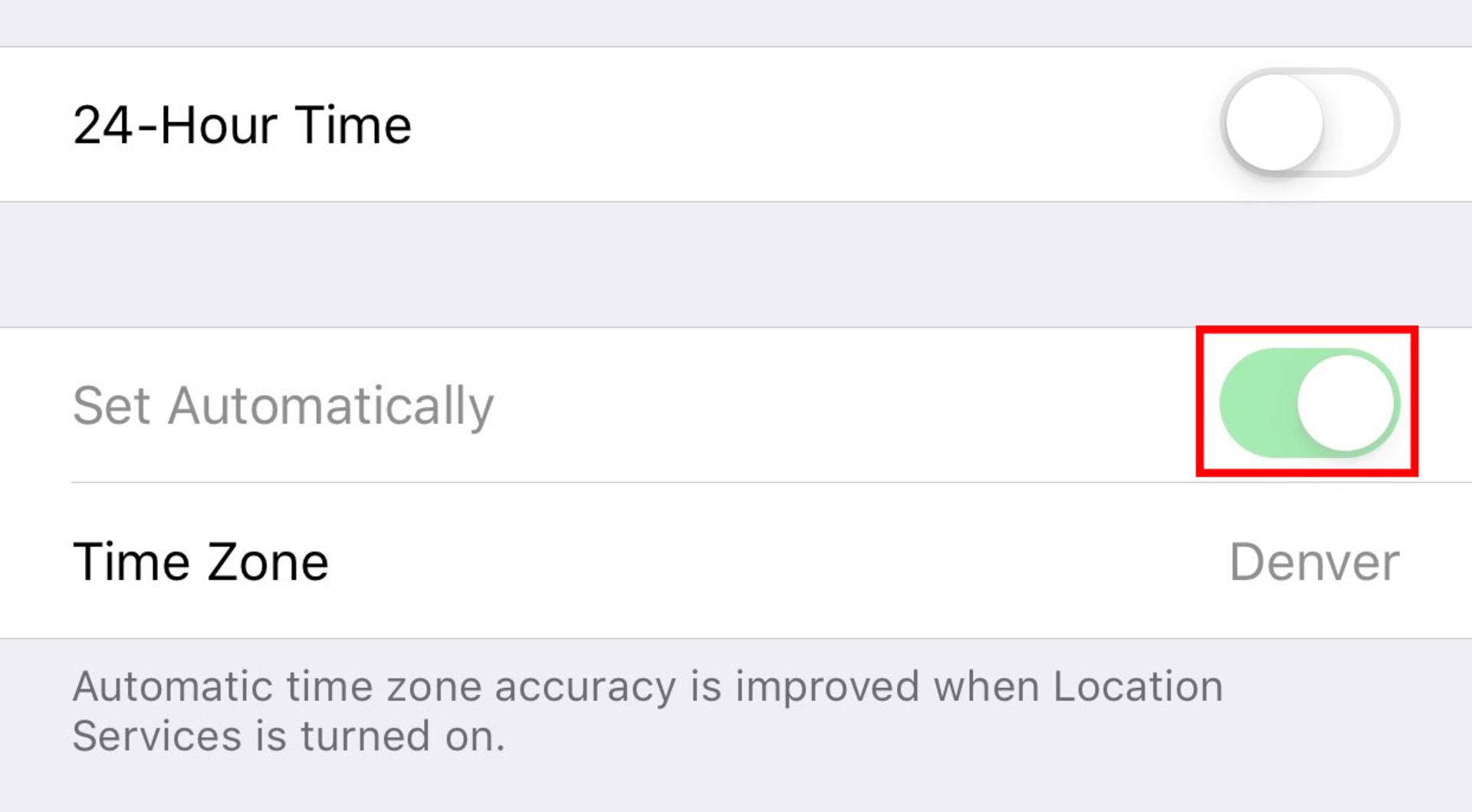 گزینه‌ی set time zone automatically در تنظیمات ios