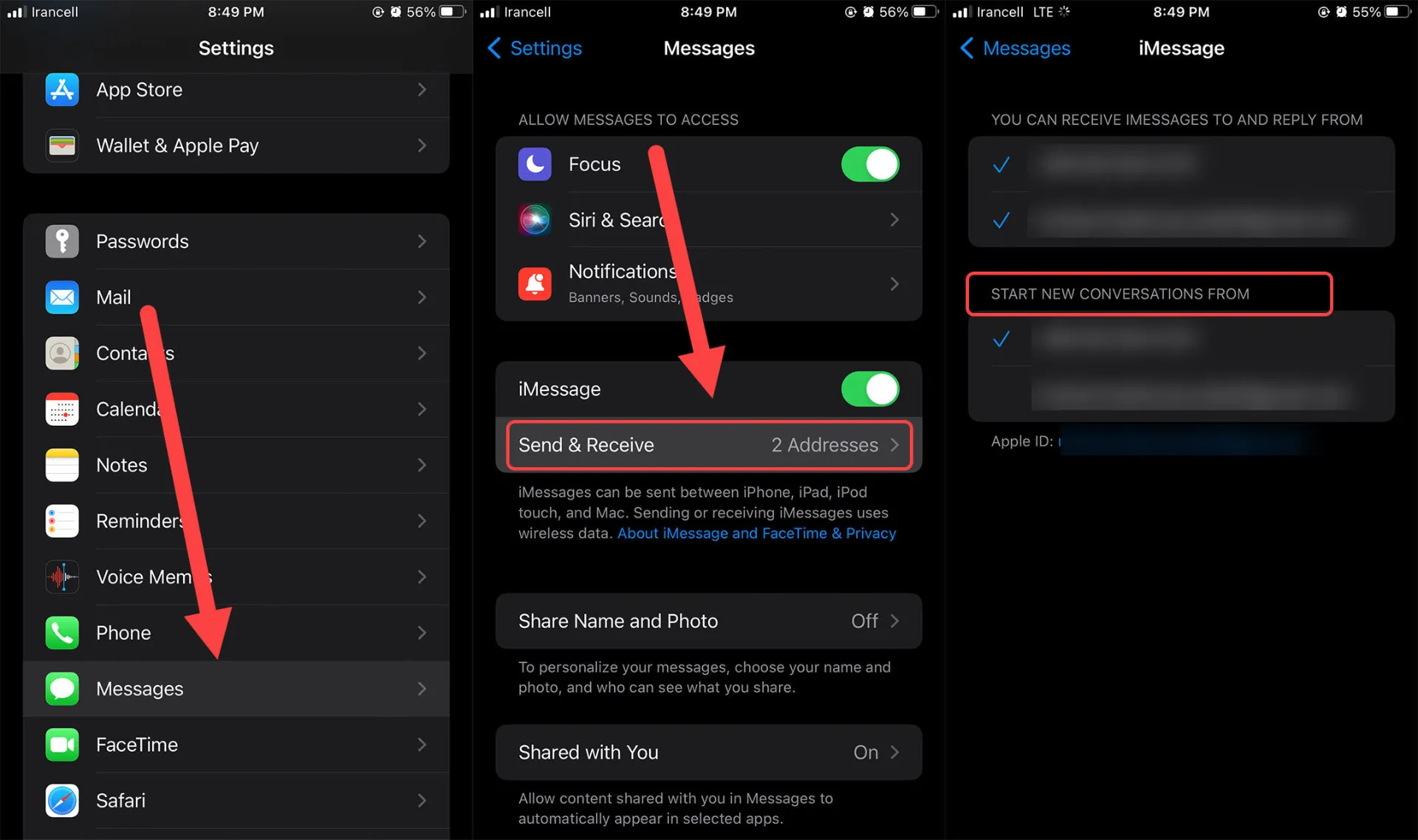 تنظیمات iMessage در آیفون iOS 15 دارک‌مود