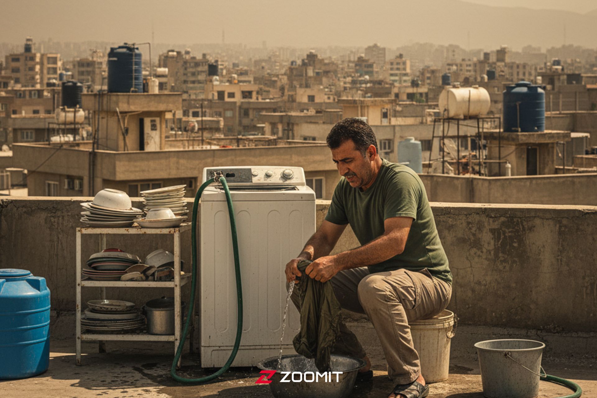 مردی در حال شستن لباس در زمان قطعی آب در پشت بام خانه‌ای در تهران