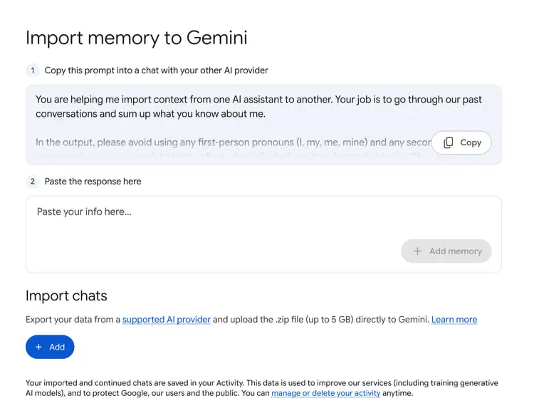 رابط کاربری بخش Import memory to Gemini برای انتقال اطلاعات از سایر هوش مصنوعی‌ها