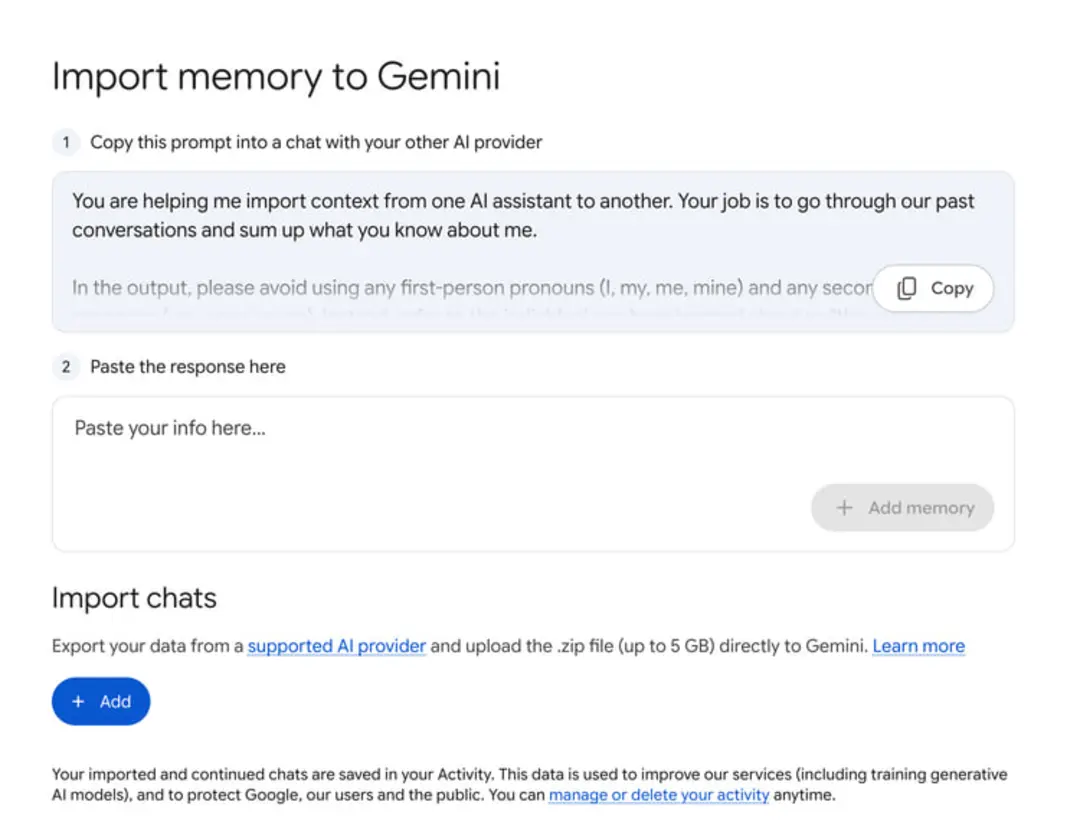 رابط کاربری بخش Import memory to Gemini برای انتقال اطلاعات از سایر هوش مصنوعی‌ها