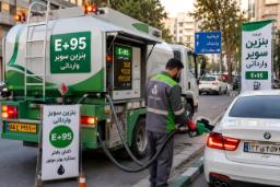 بنزین سوپر وارداتی (E+95) در حال سوخت‌گیری خودروی سفید توسط اپراتور