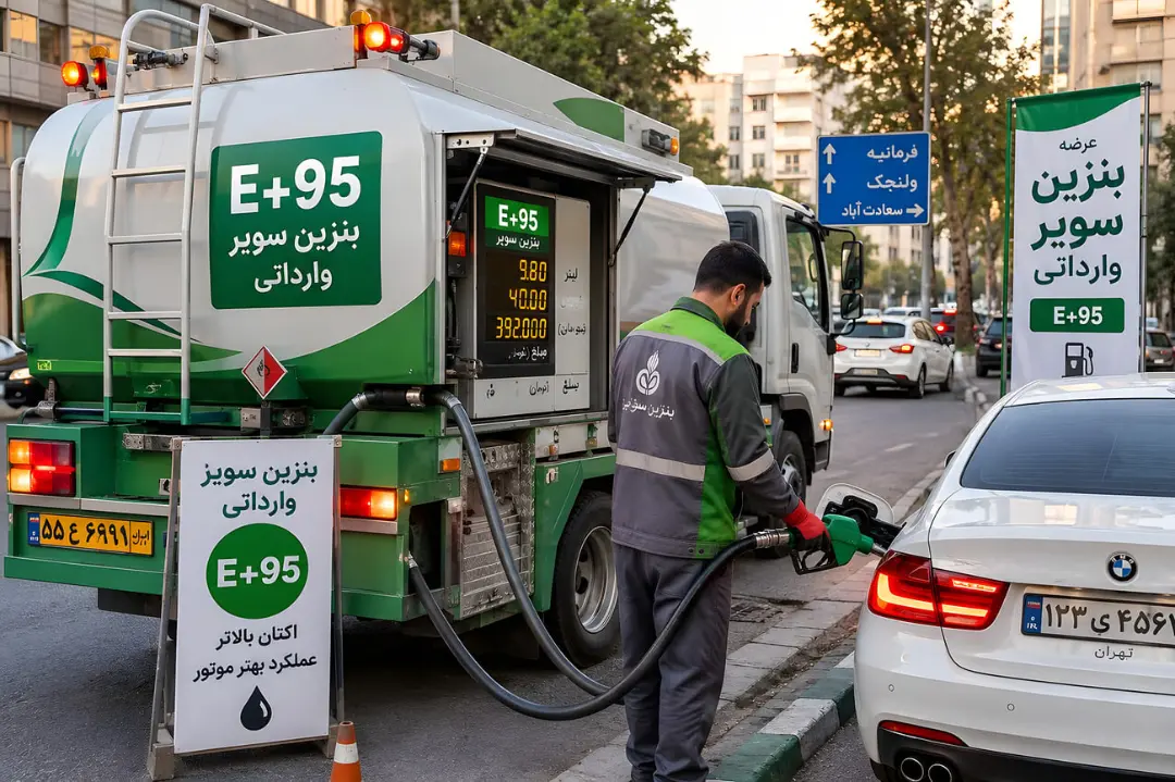 بنزین سوپر وارداتی (E+95) در حال سوخت‌گیری خودروی سفید توسط اپراتور