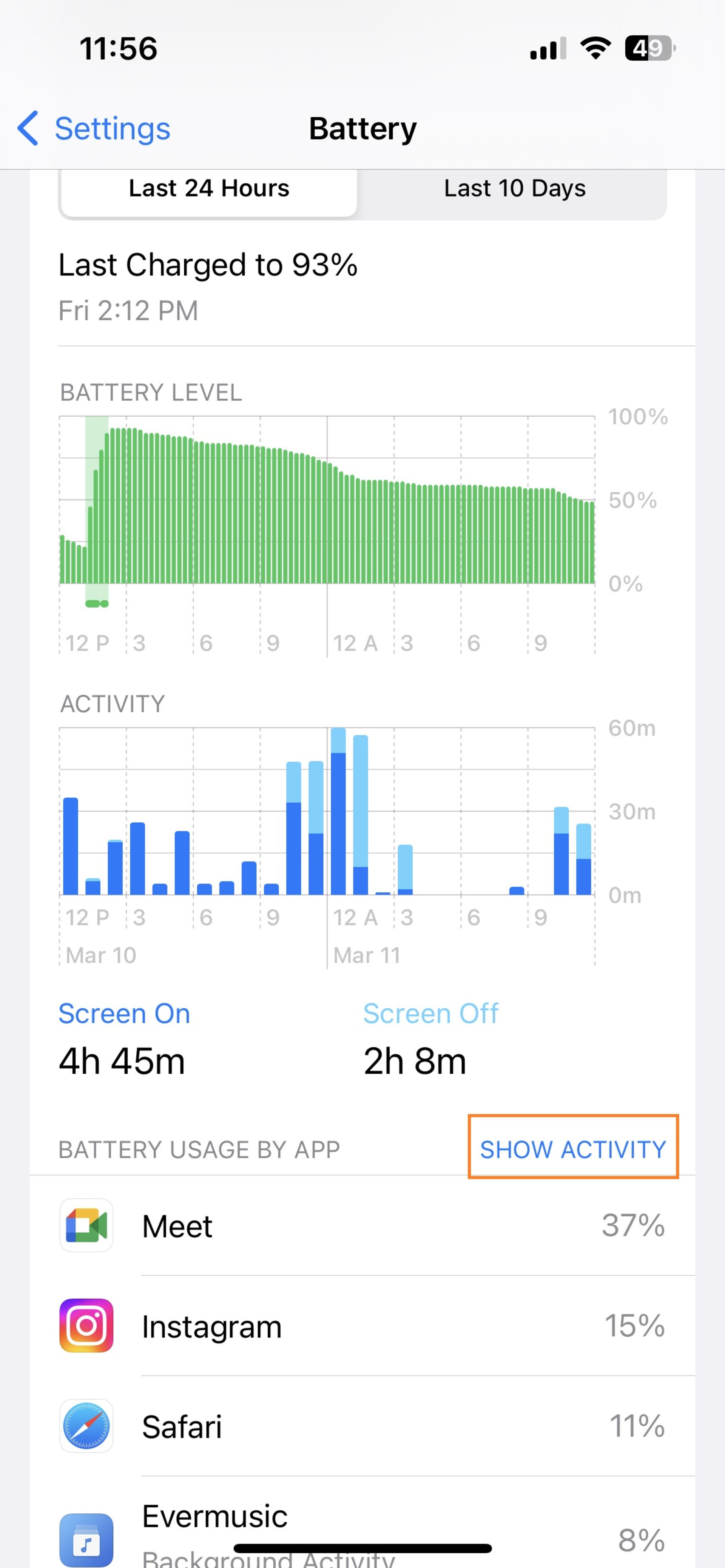 مشاهده اطلاعات استفاده از باتری آیفون 