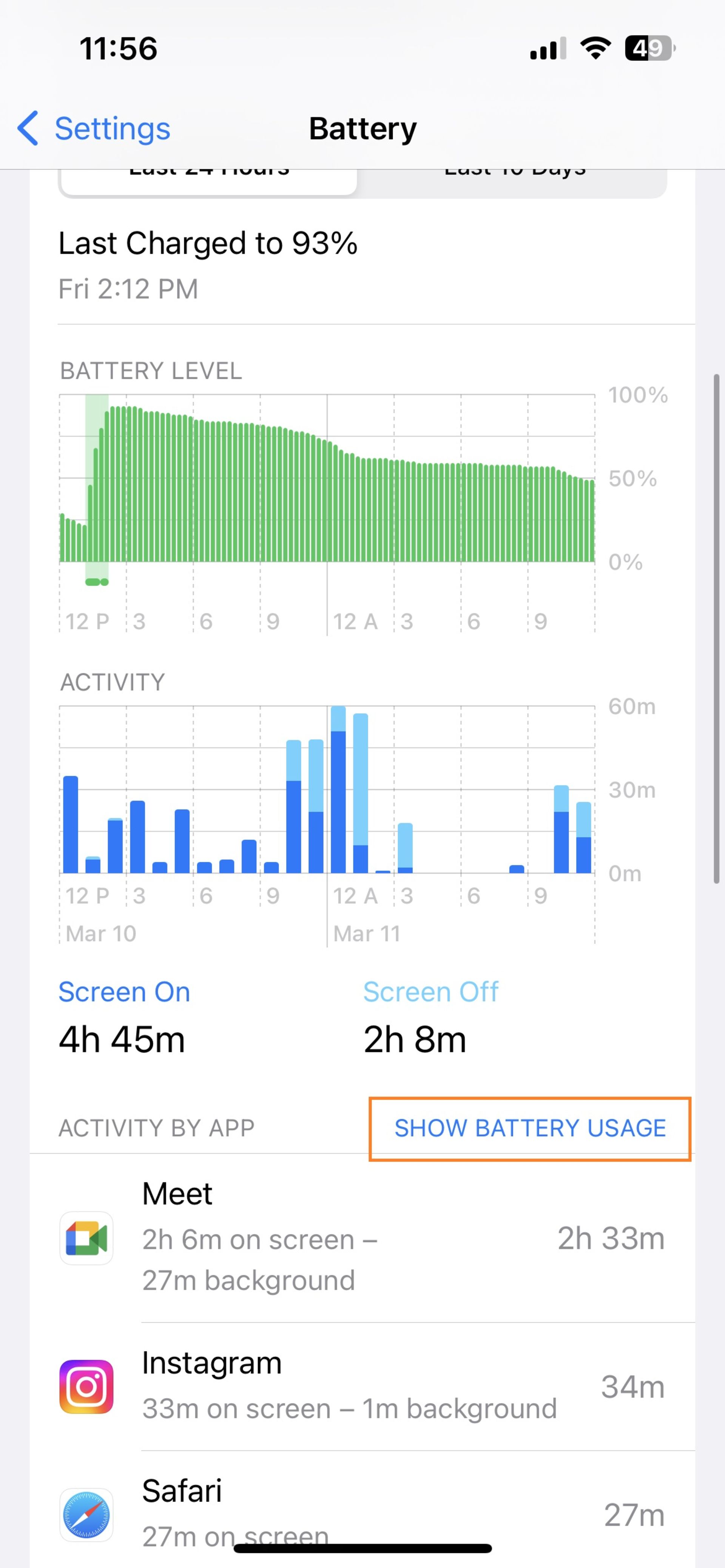 مشاهده اطلاعات استفاده از باتری آیفون 