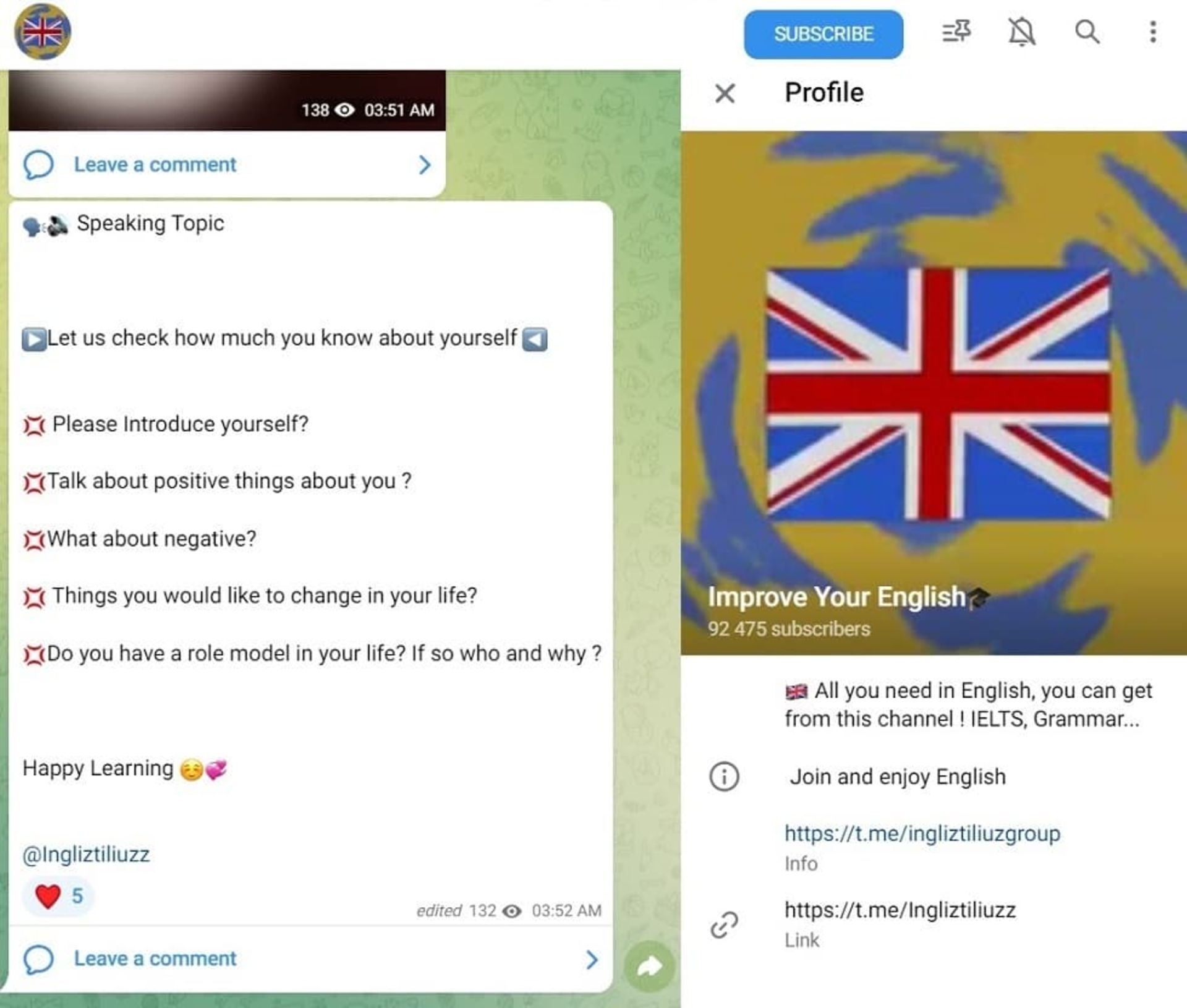  کانال های انگلیسی تلگرام آموزش زبان improve your english