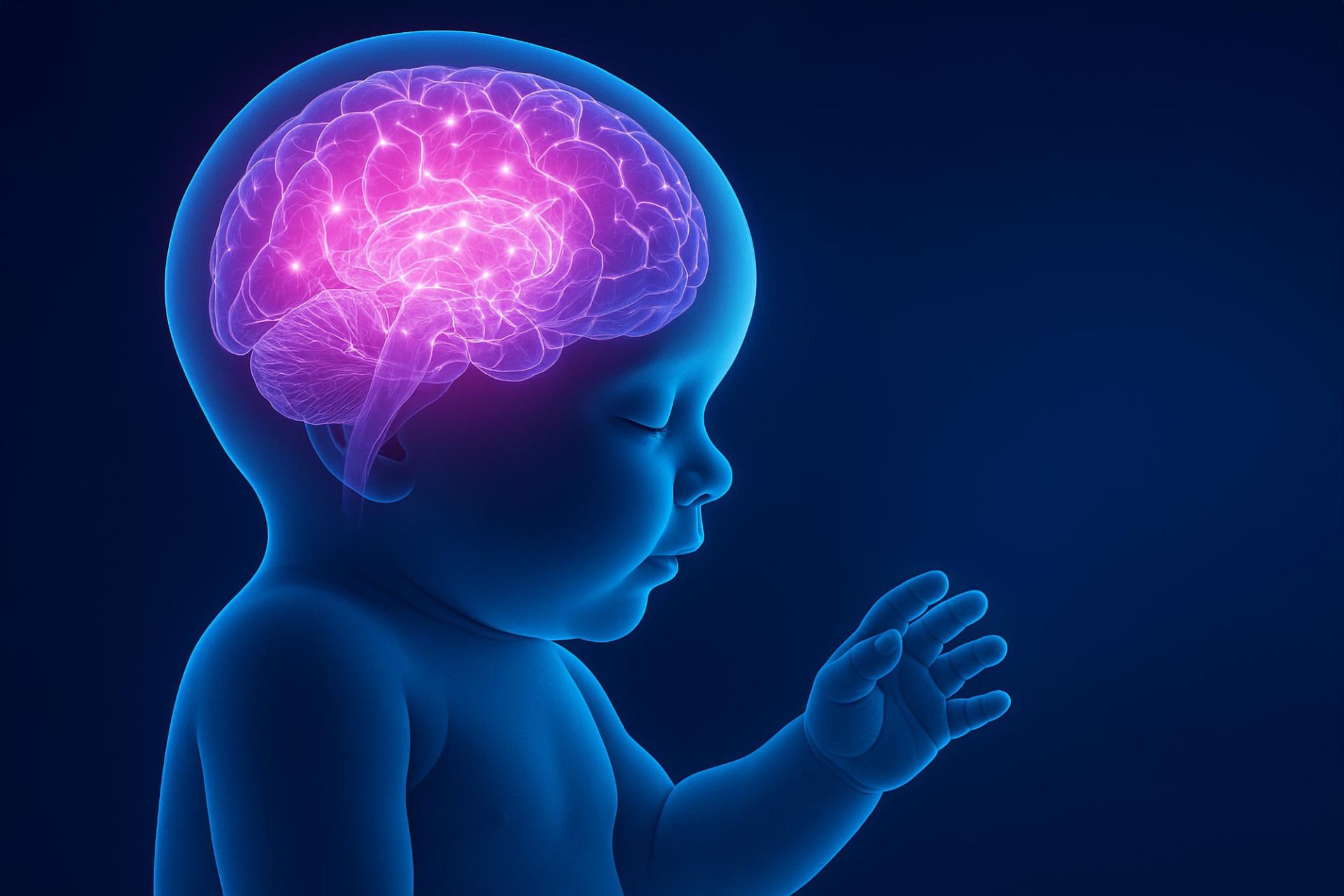 تصویرسازی نوزاد و مغز درون سرش با رنگ‌های نئونی و پس زمینه سرمه‌ای