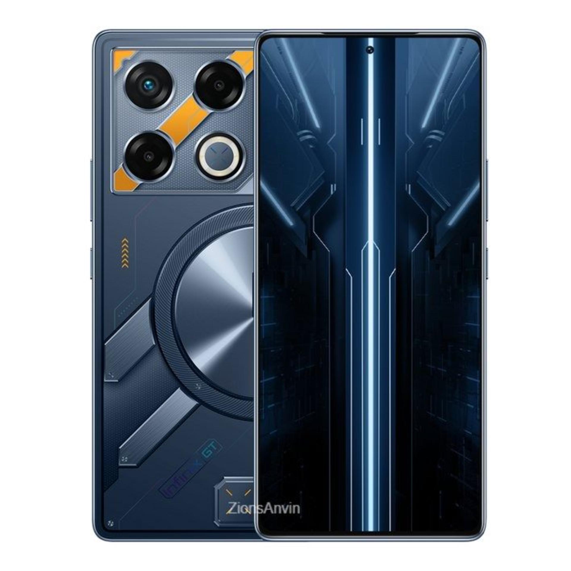 نمای پنل پشتی در‌کنار نمای پنل جلویی گوشی اینفینیکس مدل GT 20 Pro در رنگ آبی