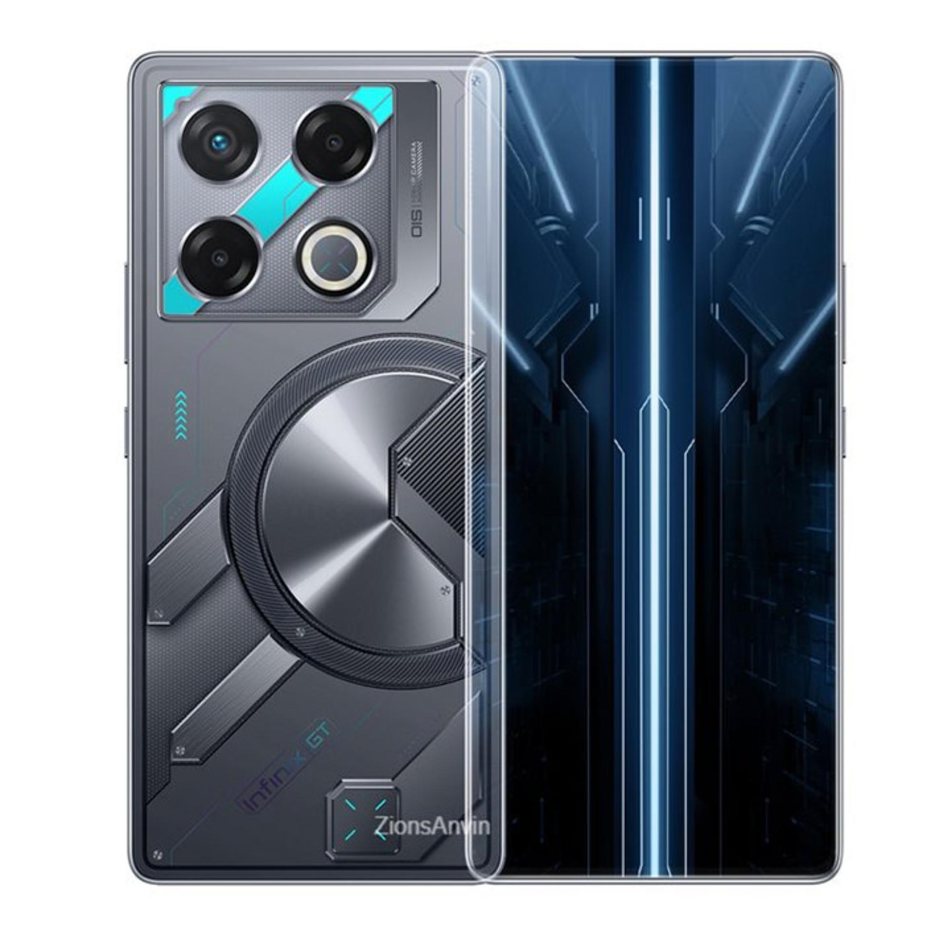 نمای پنل پشتی در‌کنار نمای پنل جلویی گوشی اینفینیکس مدل GT 20 Pro در رنگ خاکستری