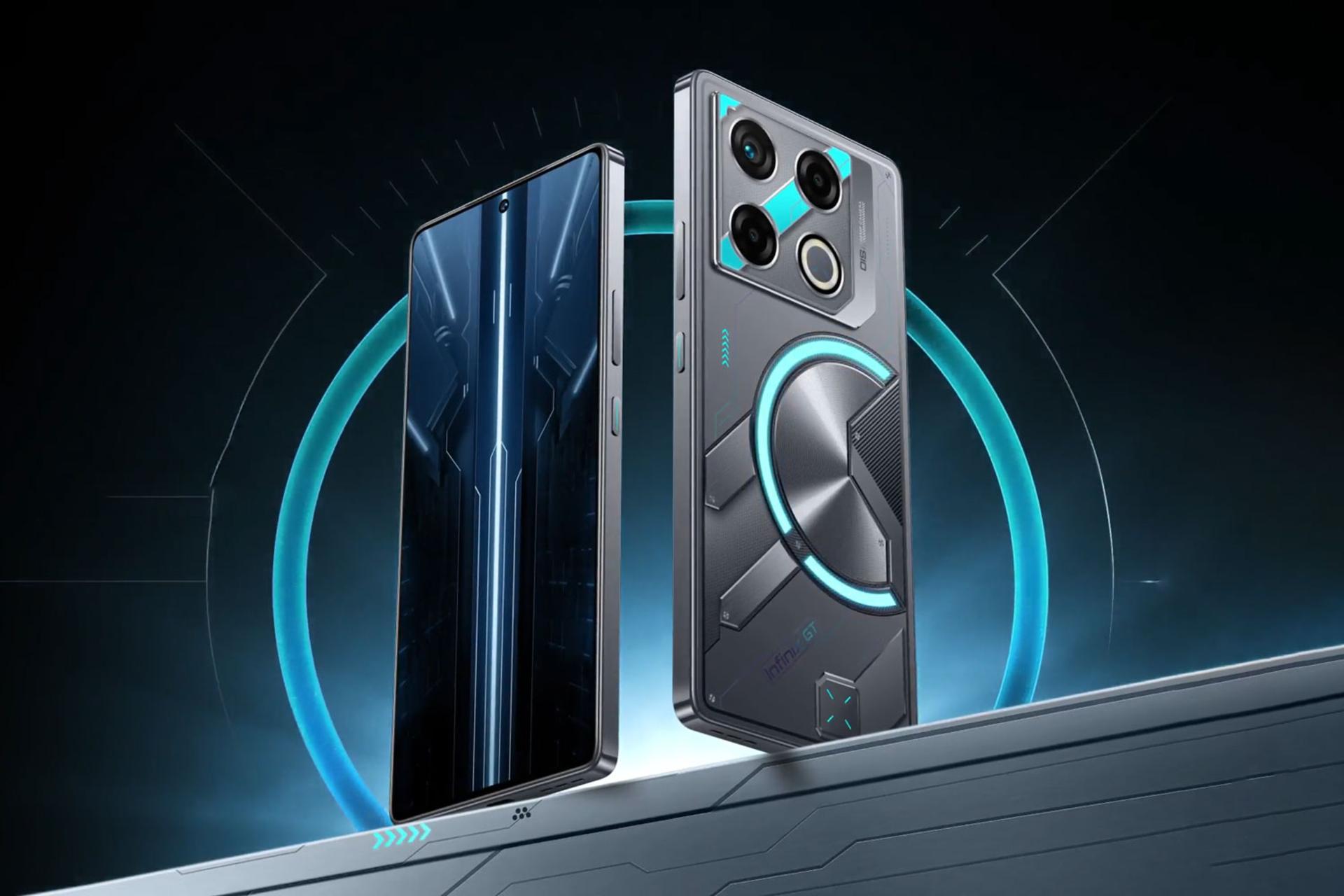 رنگ آبی گوشی گیمینگ اینفینکس GT 20 پرو روی سکو پس زمینه نور نئونی آبی