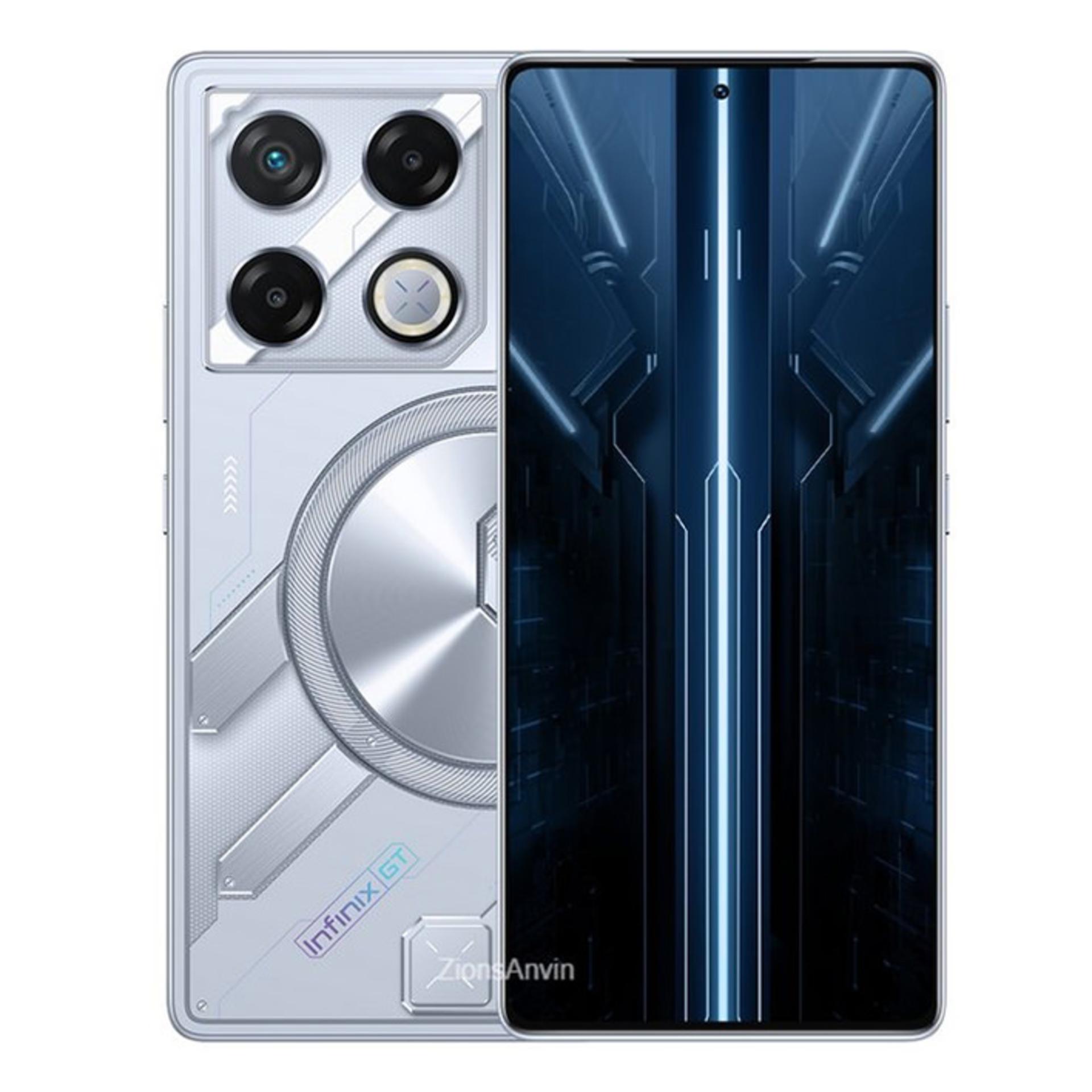 نمای پنل پشتی در‌کنار نمای پنل جلویی گوشی اینفینیکس مدل GT 20 Pro در رنگ سفید