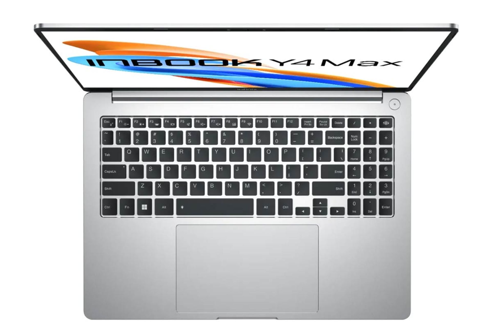 لپ‌تاپ اینفینیکس INBook Y4 Max از نمای بالای لپ‌تاپ و نمای کیبورد