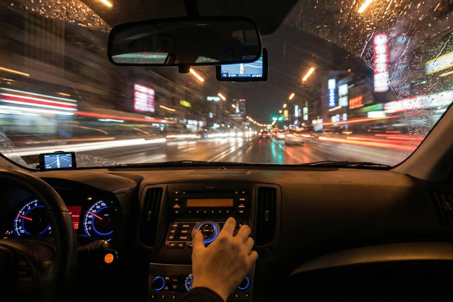 نمایی فراواقع‌گرایانه از داخل خودرویی در حال حرکت در شب بارانی؛ دست راننده صدای موسیقی را بیشتر می‌کند، در حالی‌ که نورهای محوشده شهر پشت شیشه جلو، حس سرعت و آشفتگی رانندگی را تشدید می‌کنند.