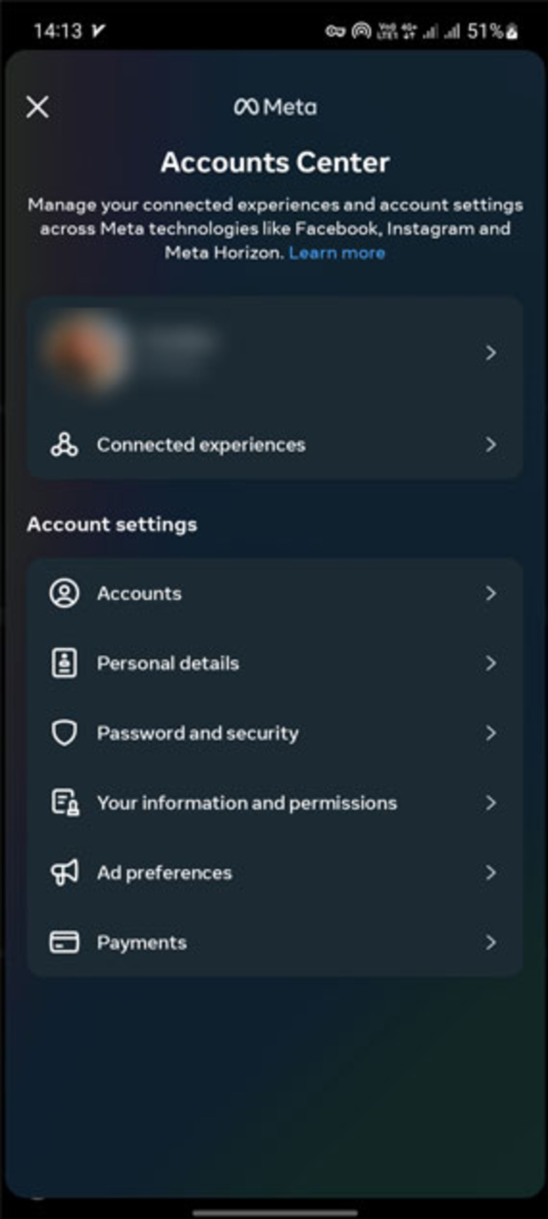 Account center اینستاگرام