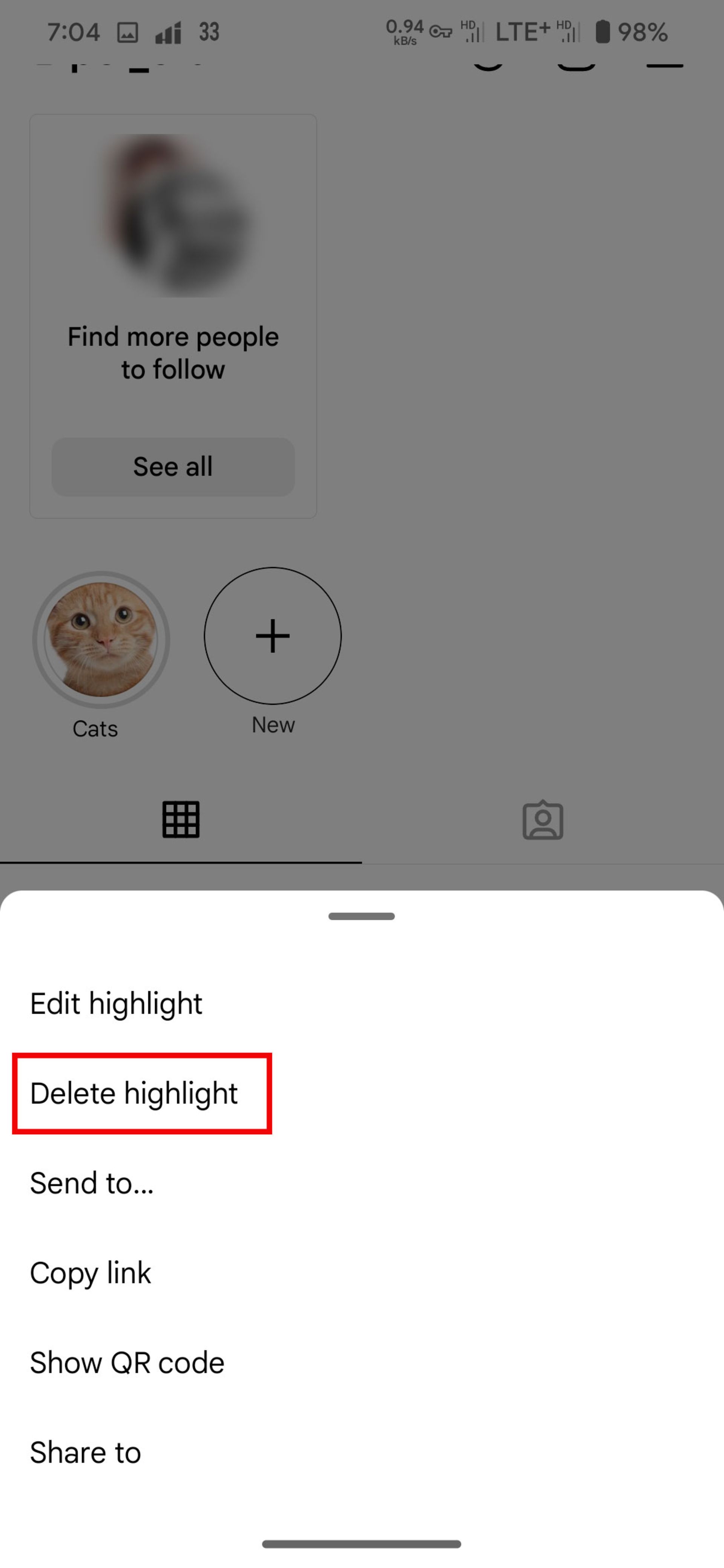 گزینه‌ی حذف یک هایلایت در اینستاگرام