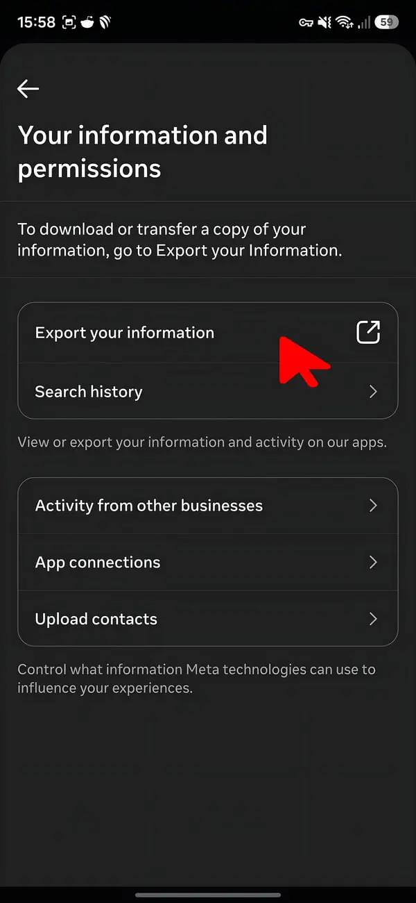 بخش تنظیمات اطلاعات و مجوزهای اینستاگرام (Instagram) با گزینه Export your information
