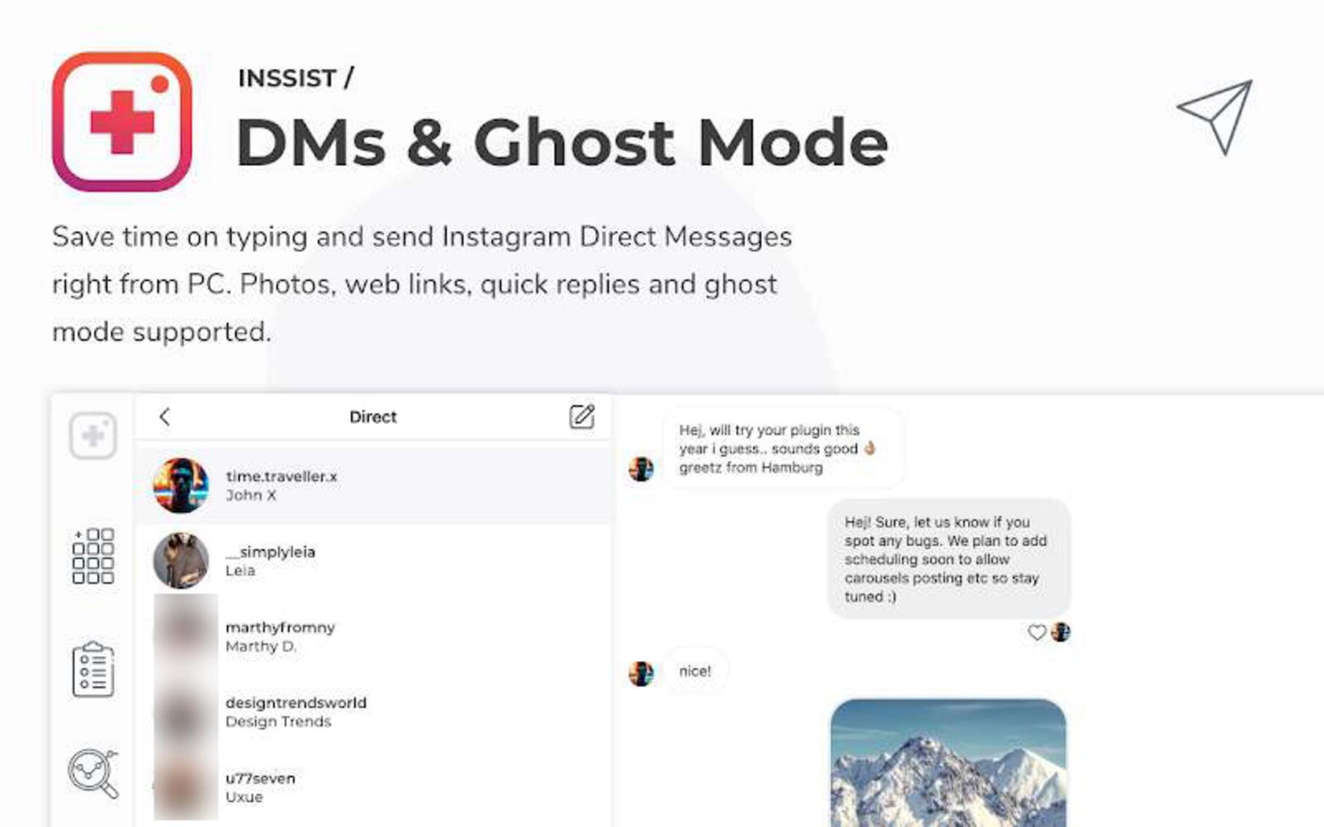 قابلیت ارسال پیام مستقیم (دایرکت) در Inssist، همراه با حالت Ghost Mode و پاسخ‌های سریع