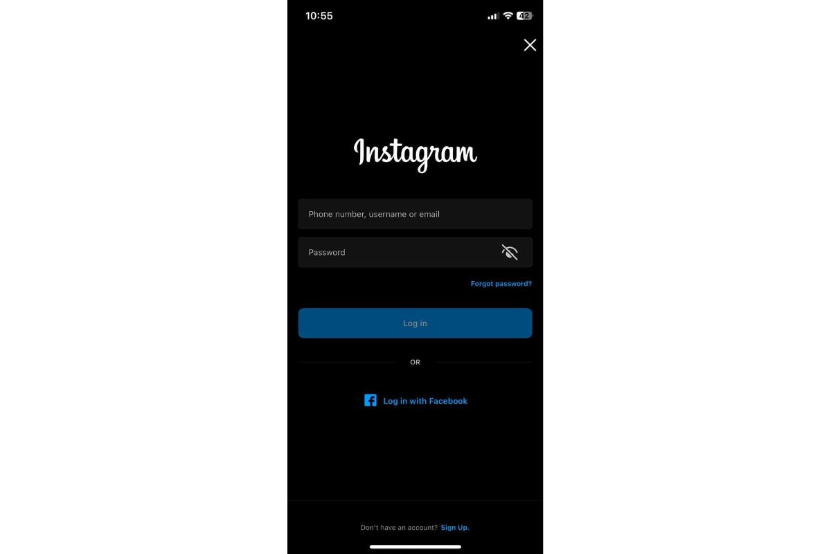 Instagram login page on iPhone