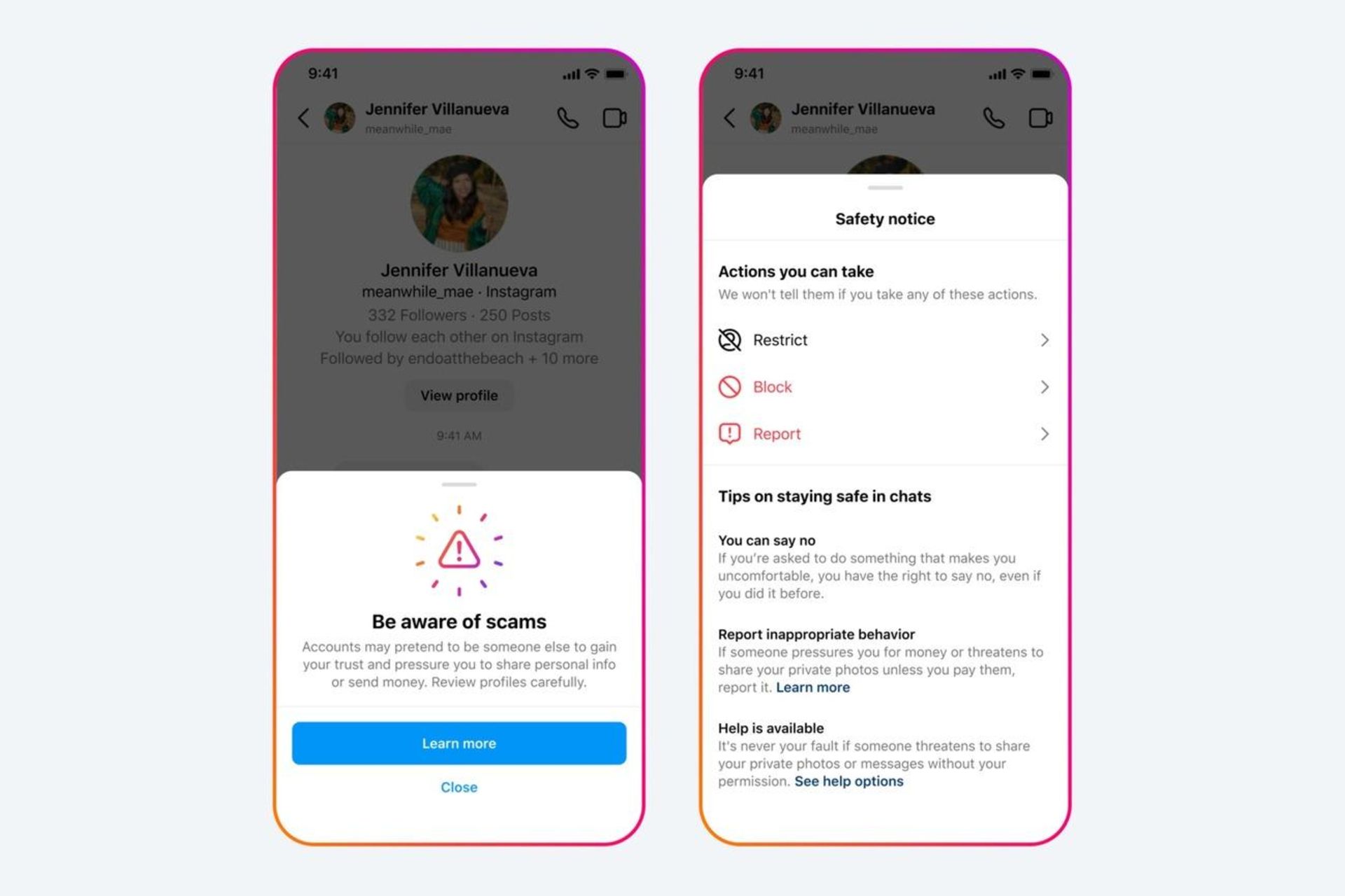 اسکرین شات از اپلیکیشن اینستاگرام که به کاربر هشدار کلاه‌برداری داده است