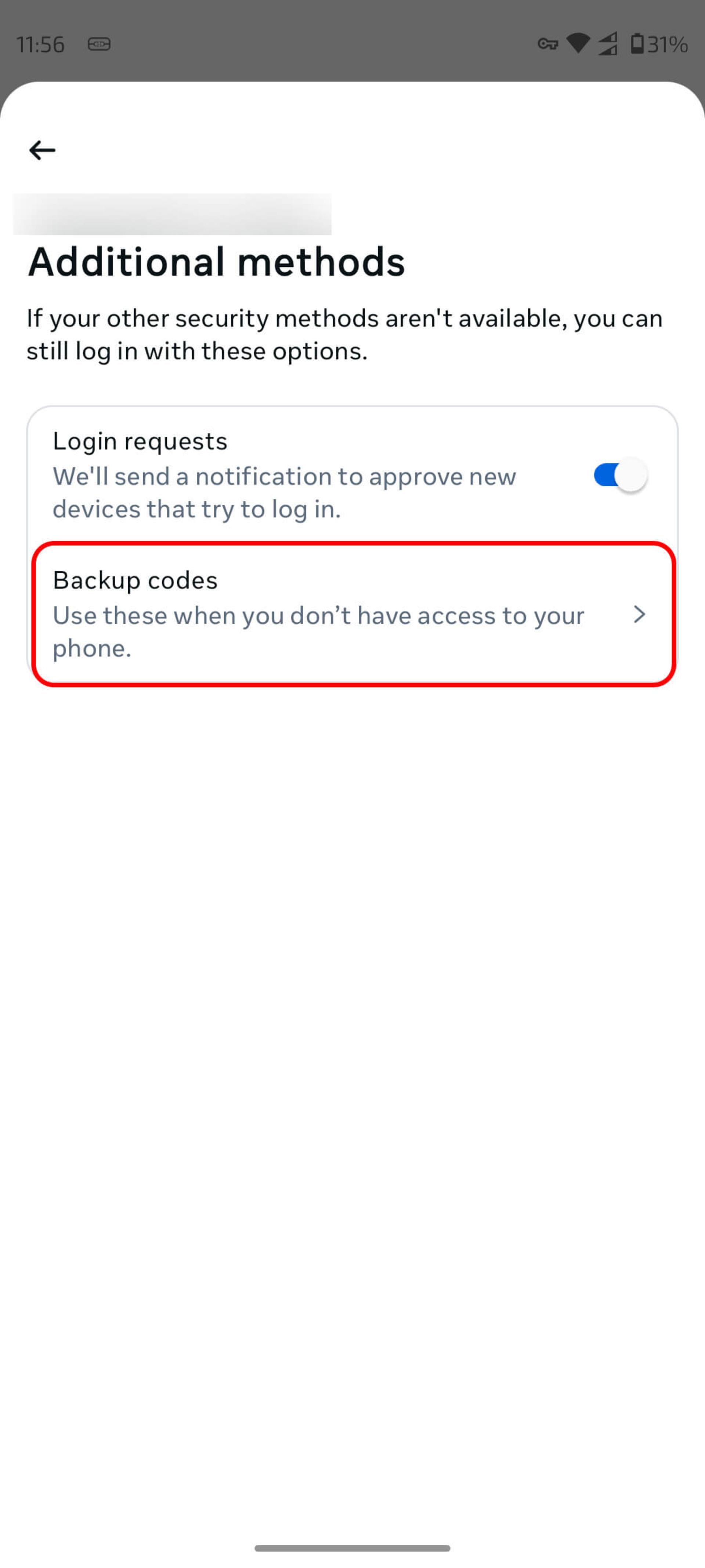 انتخاب گزینه‌ Backup codes (کدهای پشتیبان)