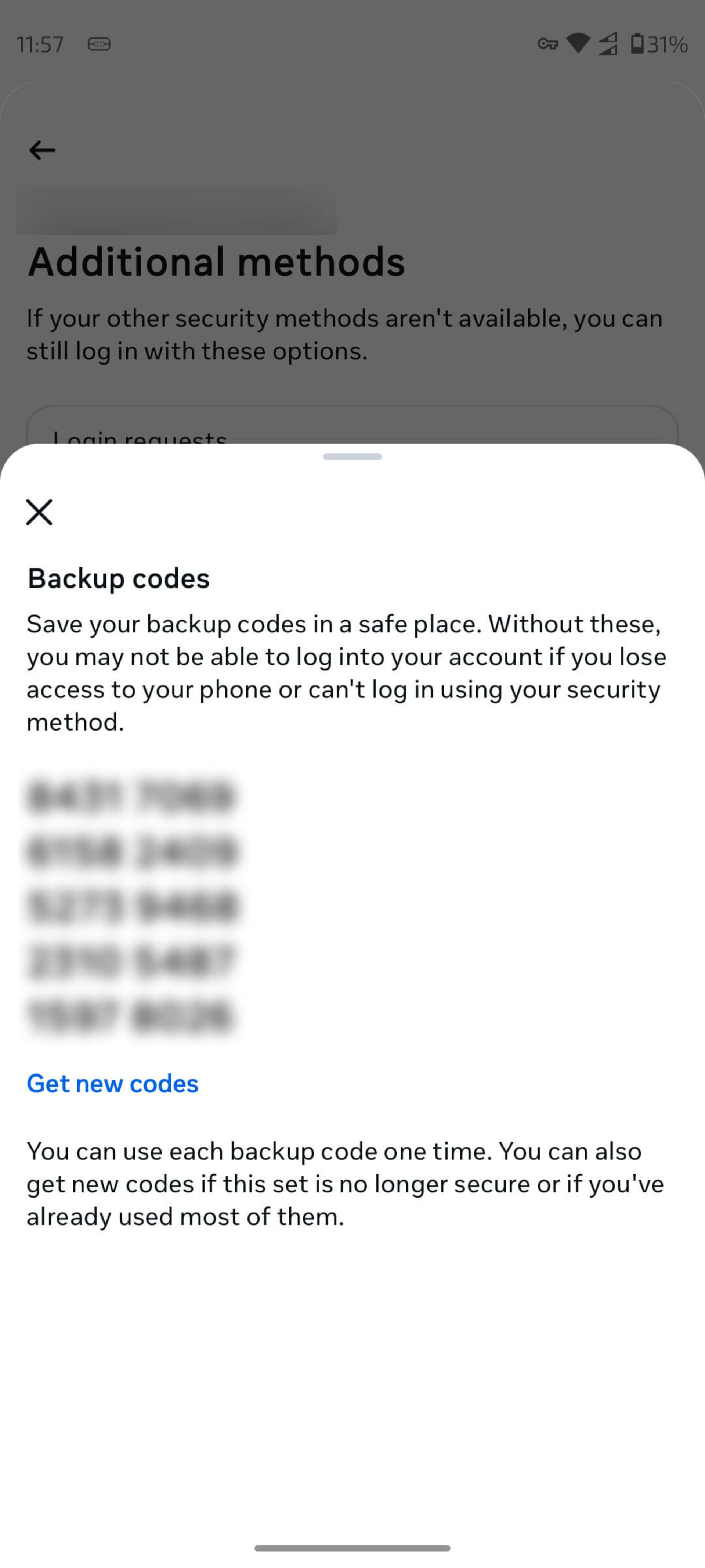کد هشت‌ رقمی Backup codes (کدهای پشتیبان)