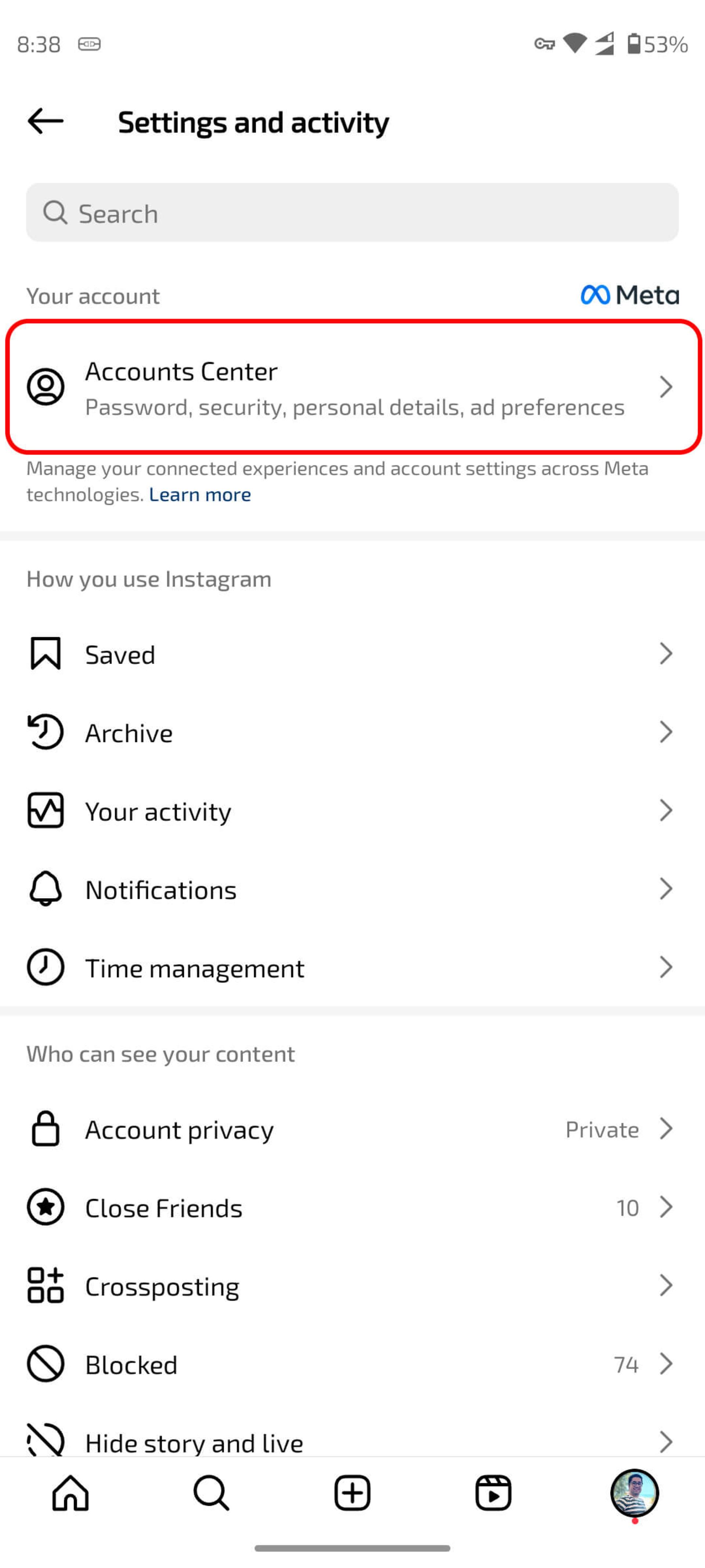 صفحه‌ Settings and Privacy (تنظیمات و حریم خصوصی)