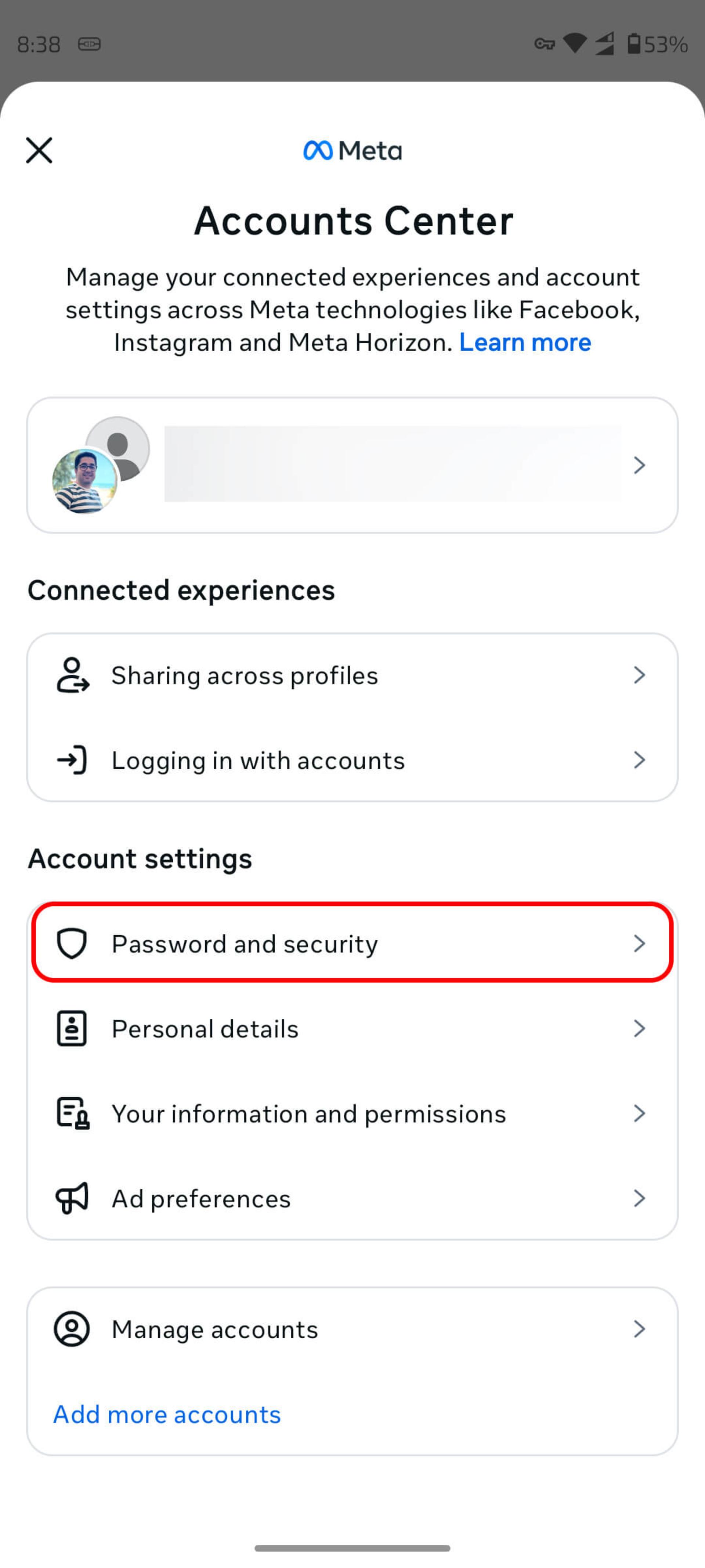 بخش Accounts Center (مرکز حساب‌ها) اینستاگرام