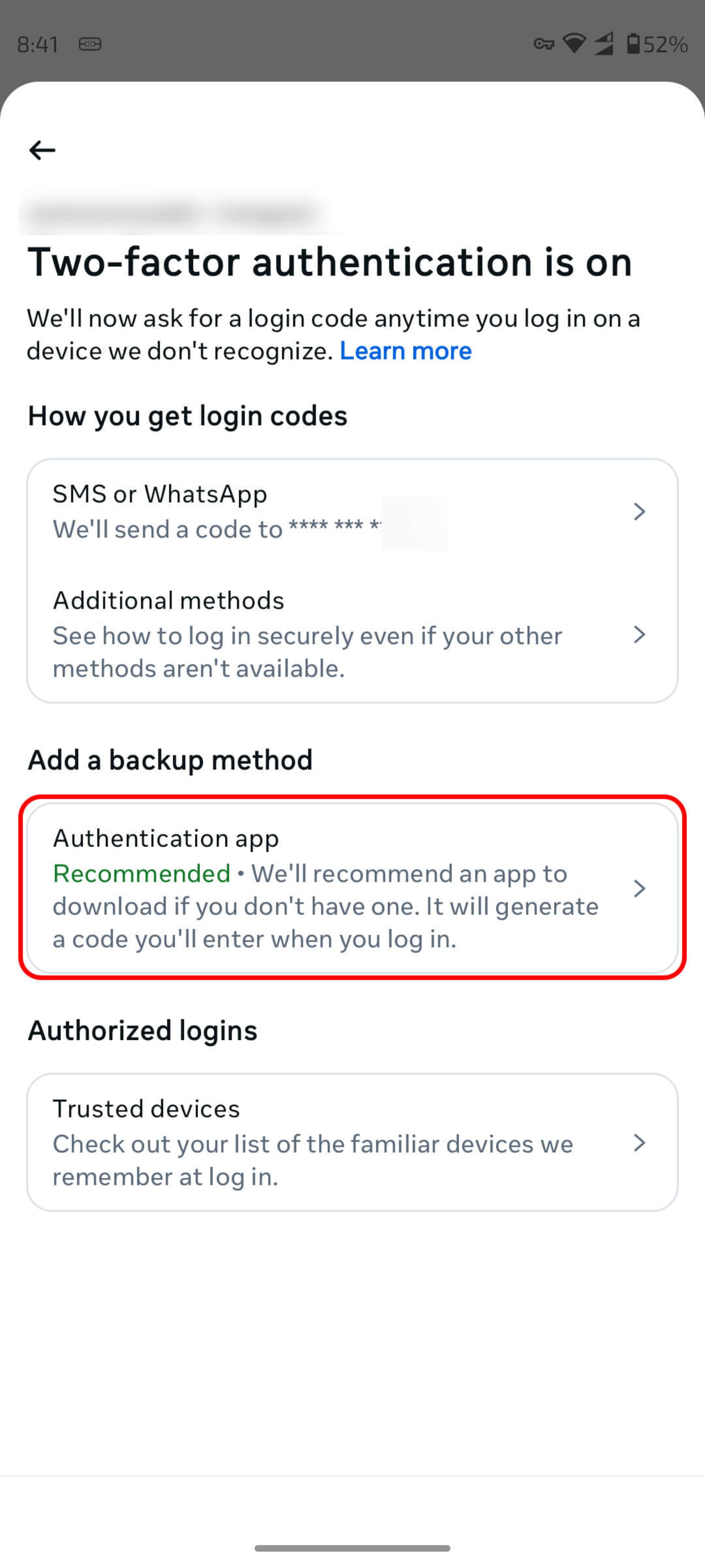 انتخاب Authentication App (برنامه احراز هویت) در اینستاگرام