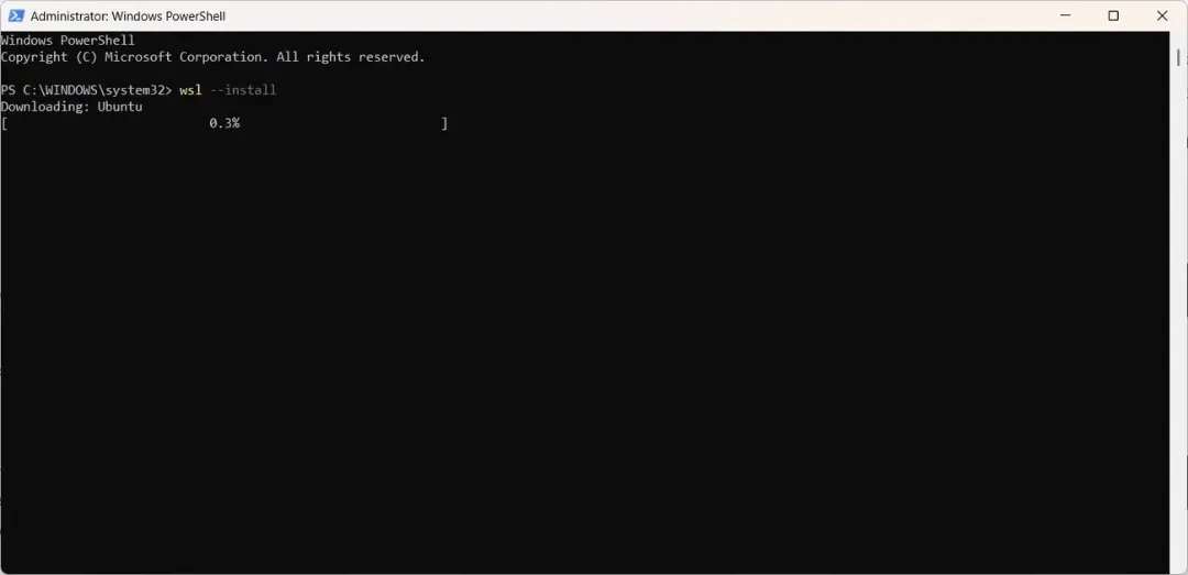 اجرای دستور نصب WSL در محیط PowerShell ویندوز برای دریافت توزیع Ubuntu