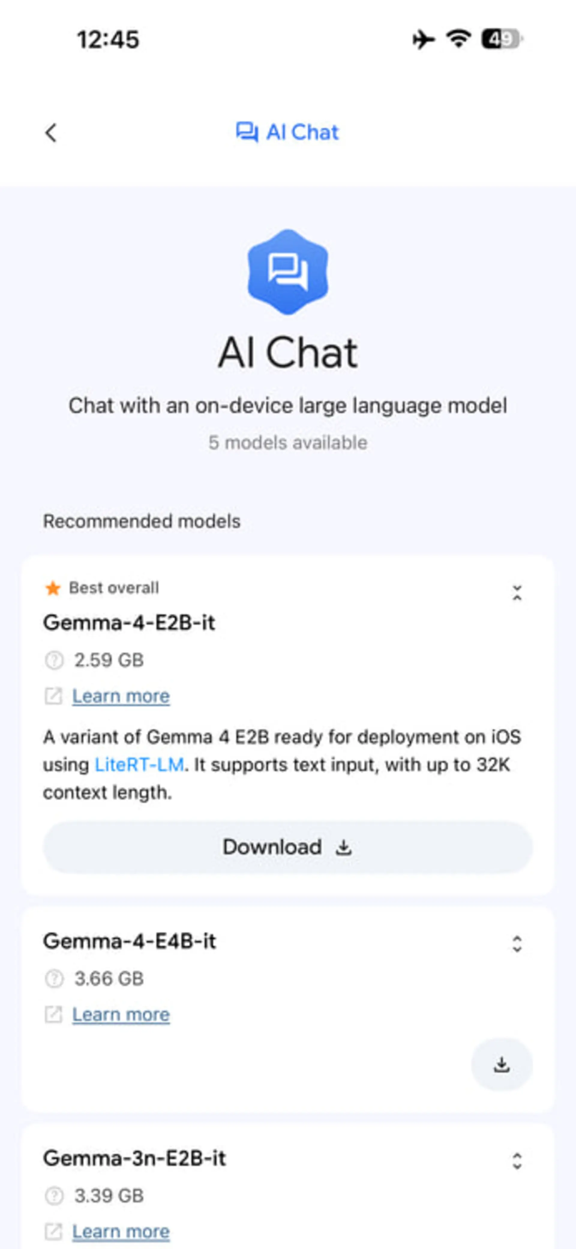 فهرست مدلهای زبانی Gemma-4 برای دانلود در محیط اپلیکیشن AI Chat