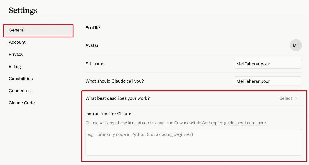 بخش تنظیمات General در رابط کاربری Claude برای مدیریت پروفایل و دستورالعمل‌ها