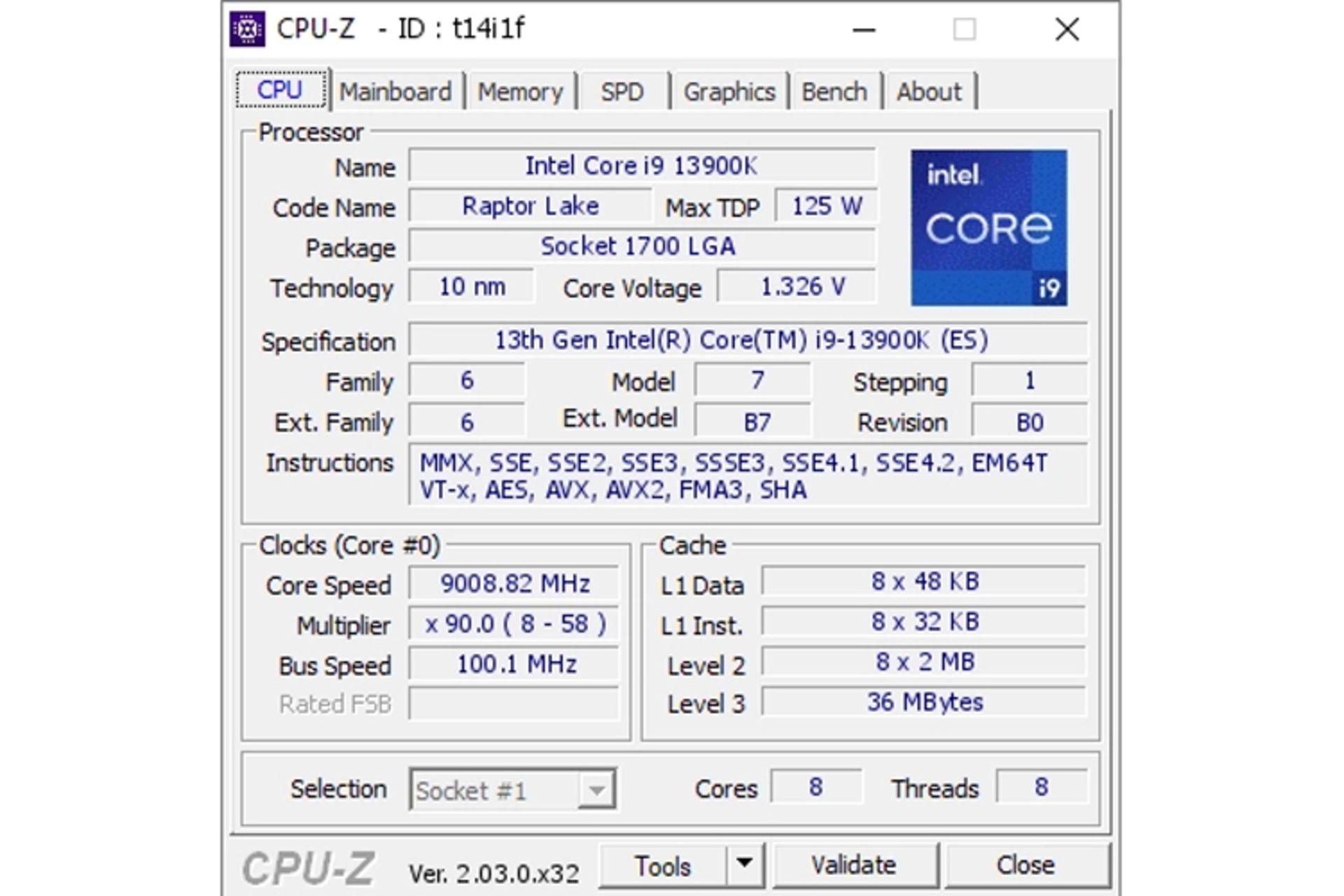 فرکانس ۹ گیگاهرتز Intel 13900K در برنامه CPU-Z