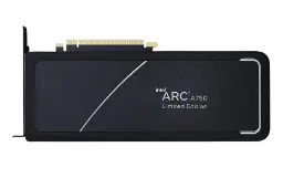 نمای بک‌پلیت کارت گرافیک اینتل آرک A750 با نمایش لوگو و کانکتور PCIe