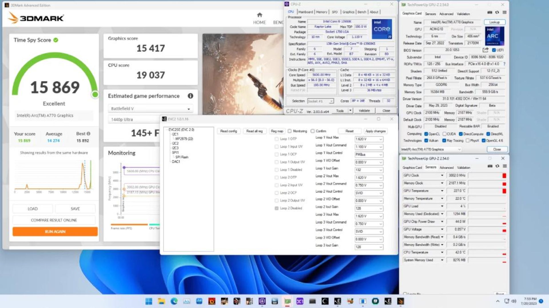 امتیاز 3dmark نسخه اورکلاک کارت گرافیک اینتل Arc A770