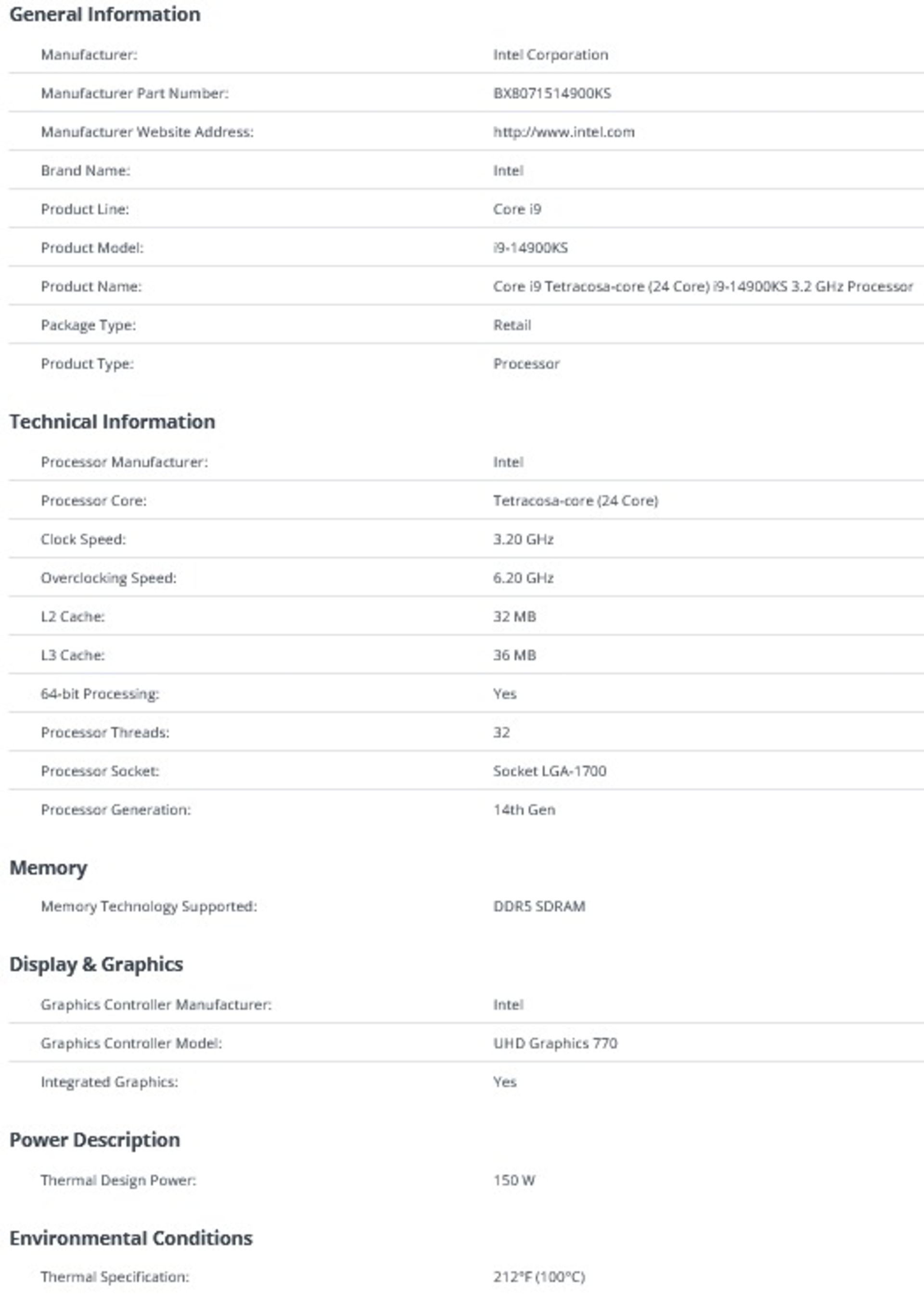 برگه‌ی مشخصات پردازنده‌ی اینتل Core I9-14900KS غیر رسمی